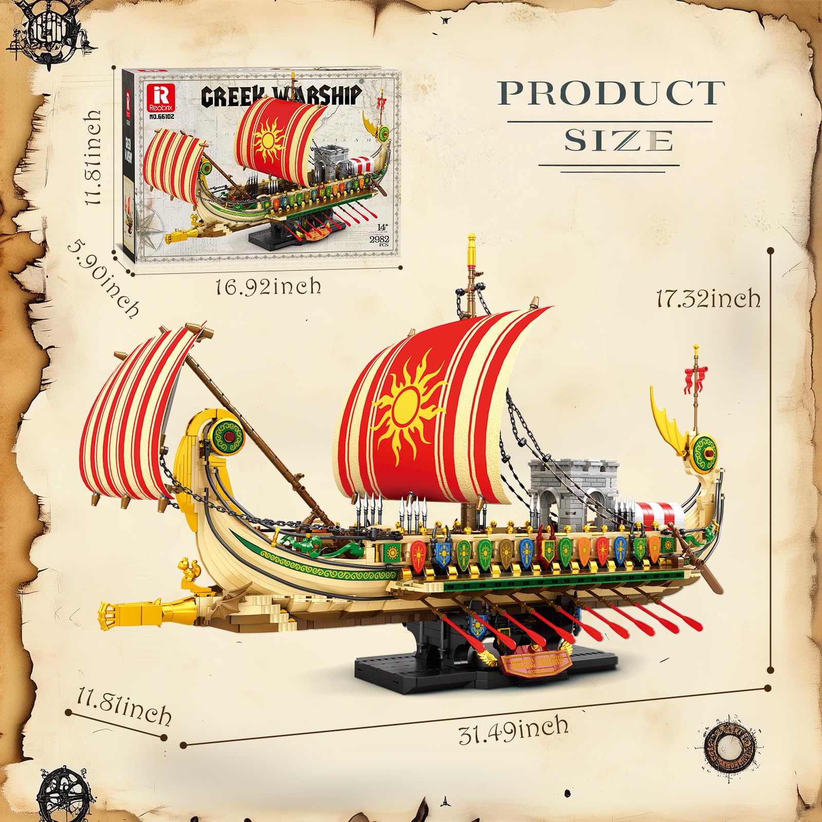 Reobrix Set di costruzione di navi pirata, nave da guerra greca militare 66102, classica antica nave da guerra greca, set di giocattoli di navi pirata da collezione, giocattolo per 14+