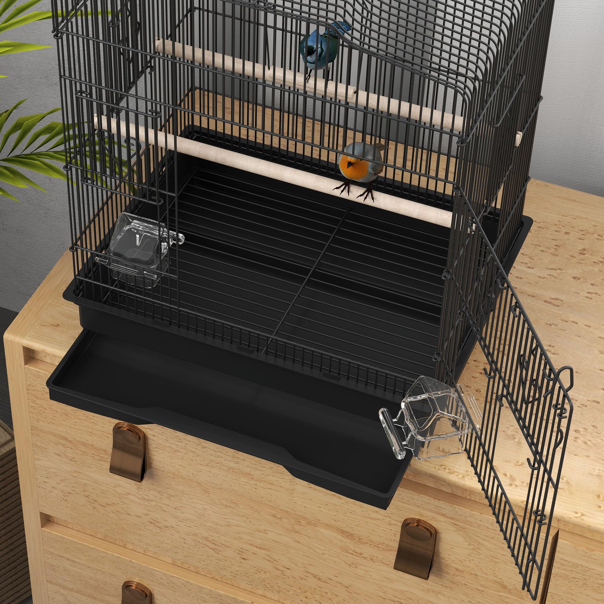 PawHut Jaula para Pájaros, Jaula de Acero para Pájaros con Puertas, 2 Comederos, 2 Perchas, Columpio, Bandeja Extraíble y Asa de Transporte, para Loro, Canario, Periquito, 46,5x36x59 cm, Negro