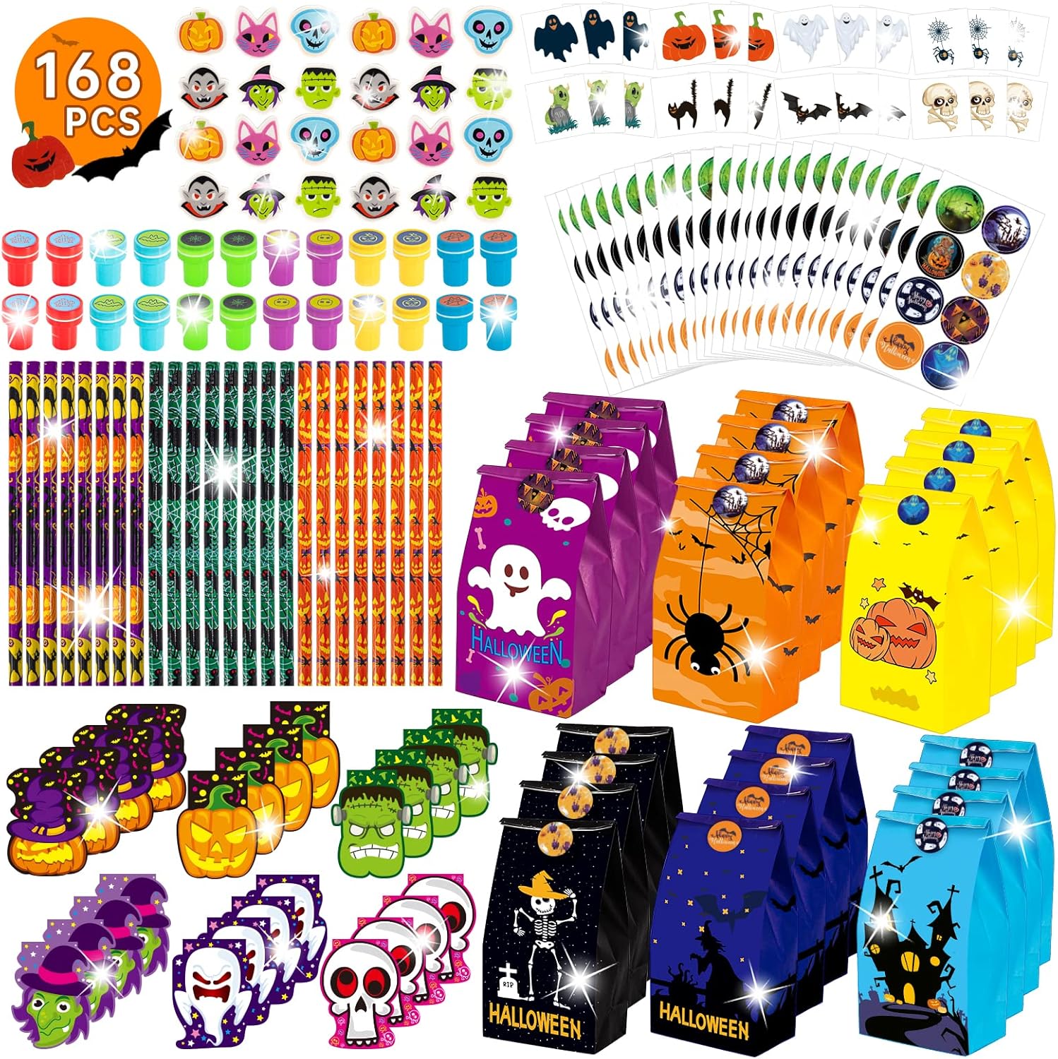 168PCS Halloween Party Favor Goodie Bag Bulk for Kids, Halloween Stationery Set, Trick or Treat Toys including Pencil, Eraser, Notepad, Stamper, Halloween Bag, Stickers and Temporary Tattoos