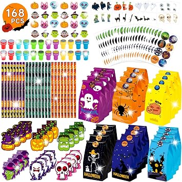 ShyLizard 168PCS Halloween Party Favor Goodie Bag Bulk for Kids, Halloween Stationery Set, Trick or Treat Toys including Pencil, Eraser, Notepad, Stamper, Halloween Bag, Stickers and Temporary Tattoos