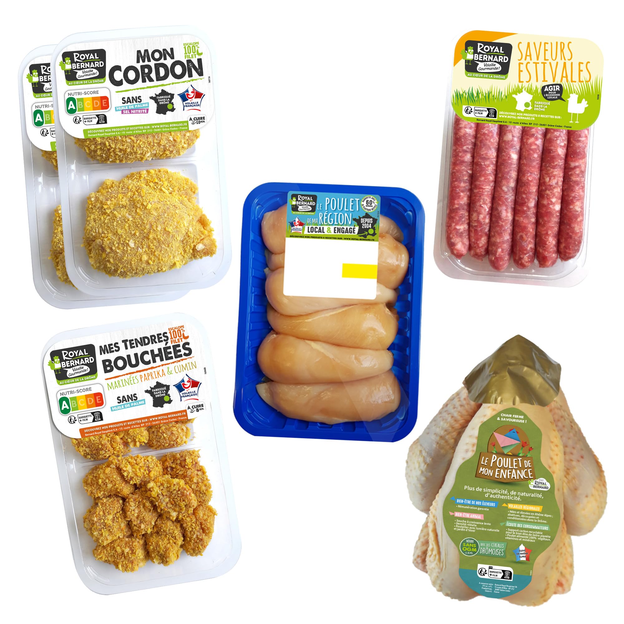 Royal Bernard - Assortiment Bambins - Colis de Viande de Volaille - 6 Barquettes de 5 Savoureux Produits - 1 Poulet Entier + 4* Cordons + 6* Filets de Poulet + 6* Saucisses nature + Bouchées marinées
