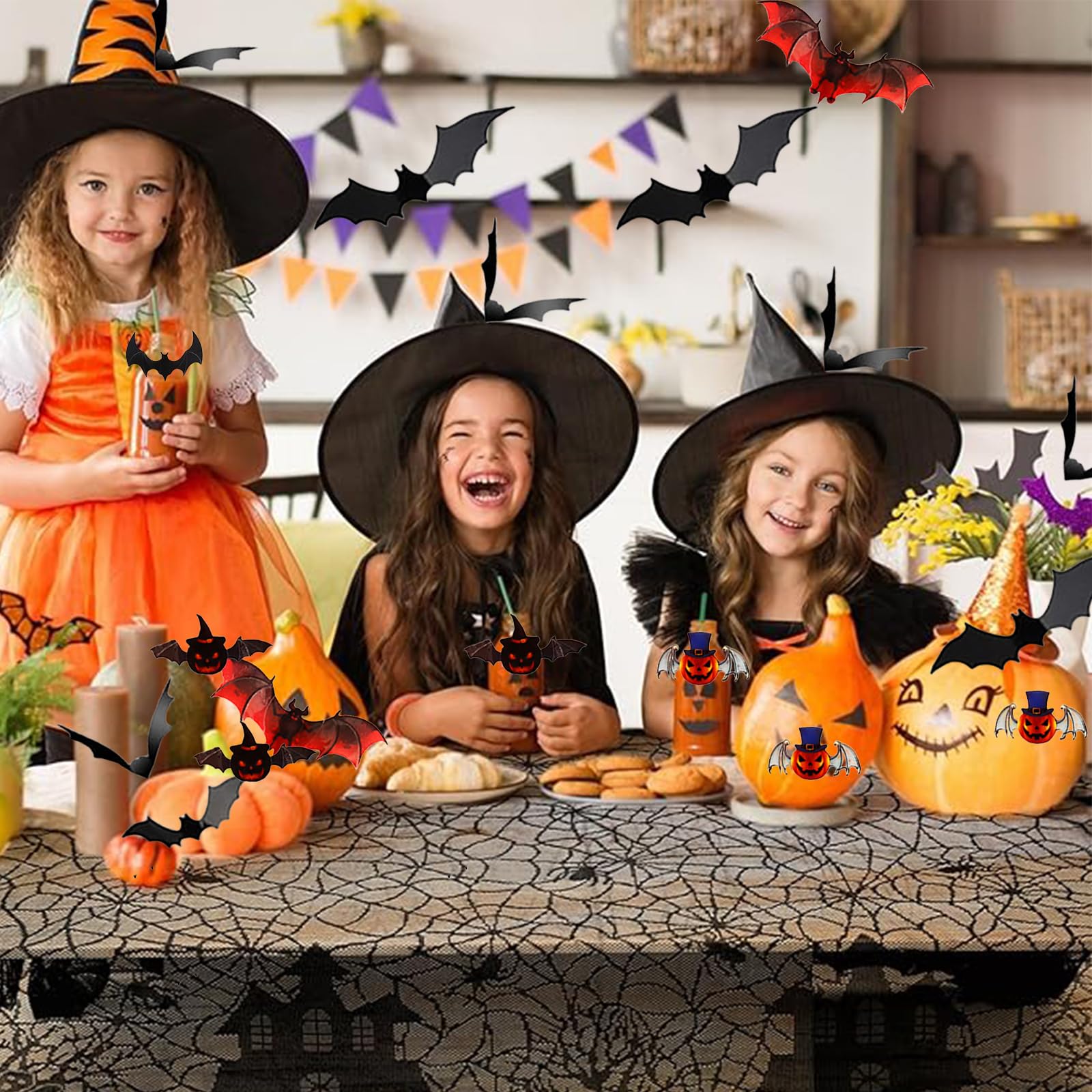 135*178cm Halloween Party Tablecloth Decoration with Pumpkin Wall Sticker DIY 3D Decorative Bats 12 Pieces,Halloween Spider Web Table cloth for Halloween Decor Outdoor Yard Party House Props Decor - Image 3