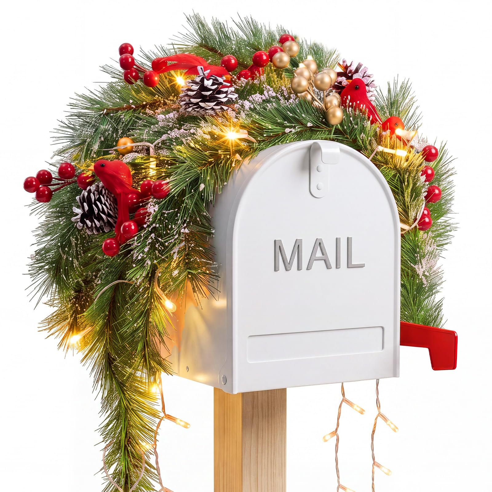 Fumete Guirlande de boîtes aux lettres de Noël avec lumières - 91,4 cm - Rouge - Guirlande avec minuterie pour porche, maison, extérieur, entrée, décorations de vacances