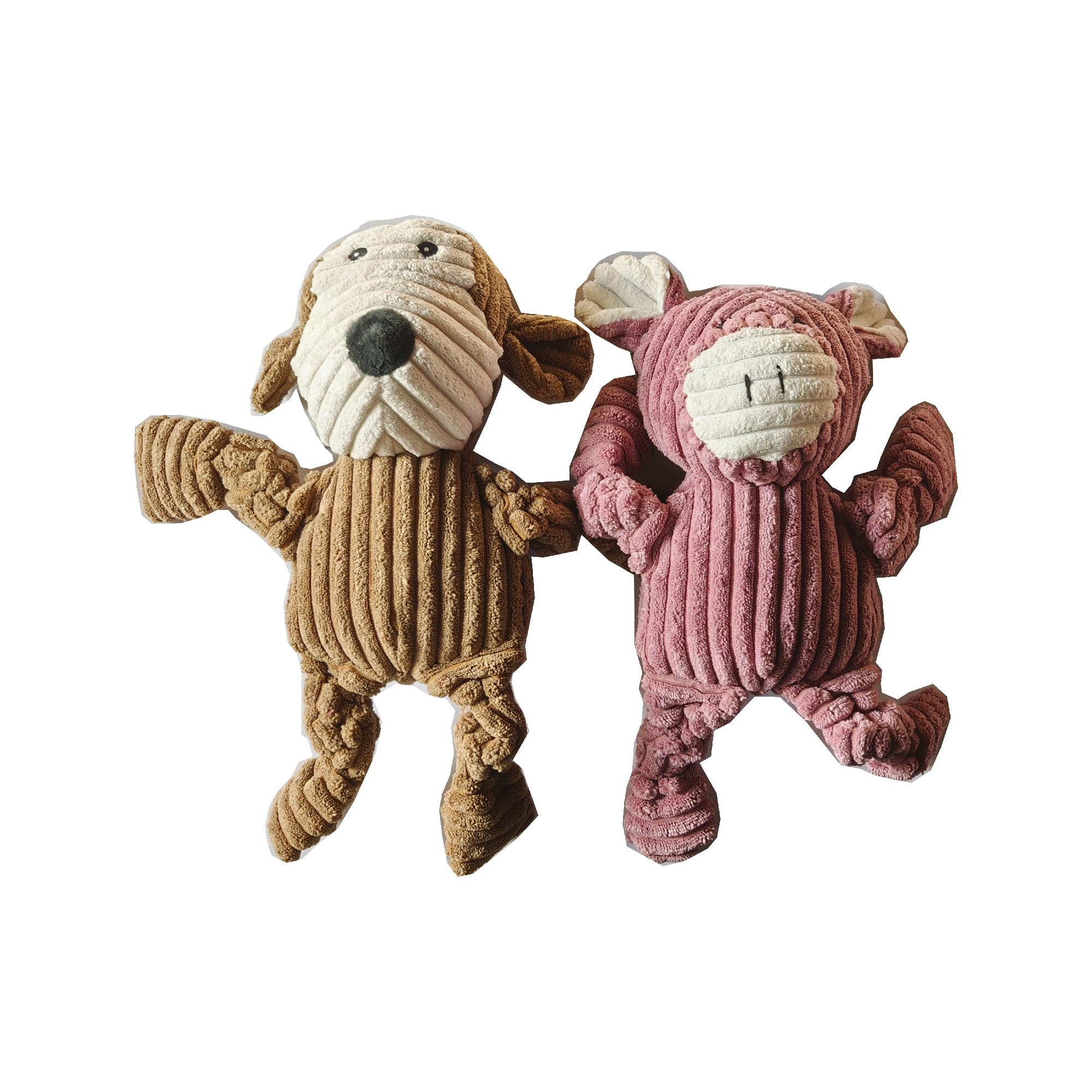 JWPET 2-Pack Squeaky Plush Dog Toys Bundle - Soft Durable Ribbed Chew Toys - Cuddly Play Toys for Small/Medium Dogs (Pink&Brown)