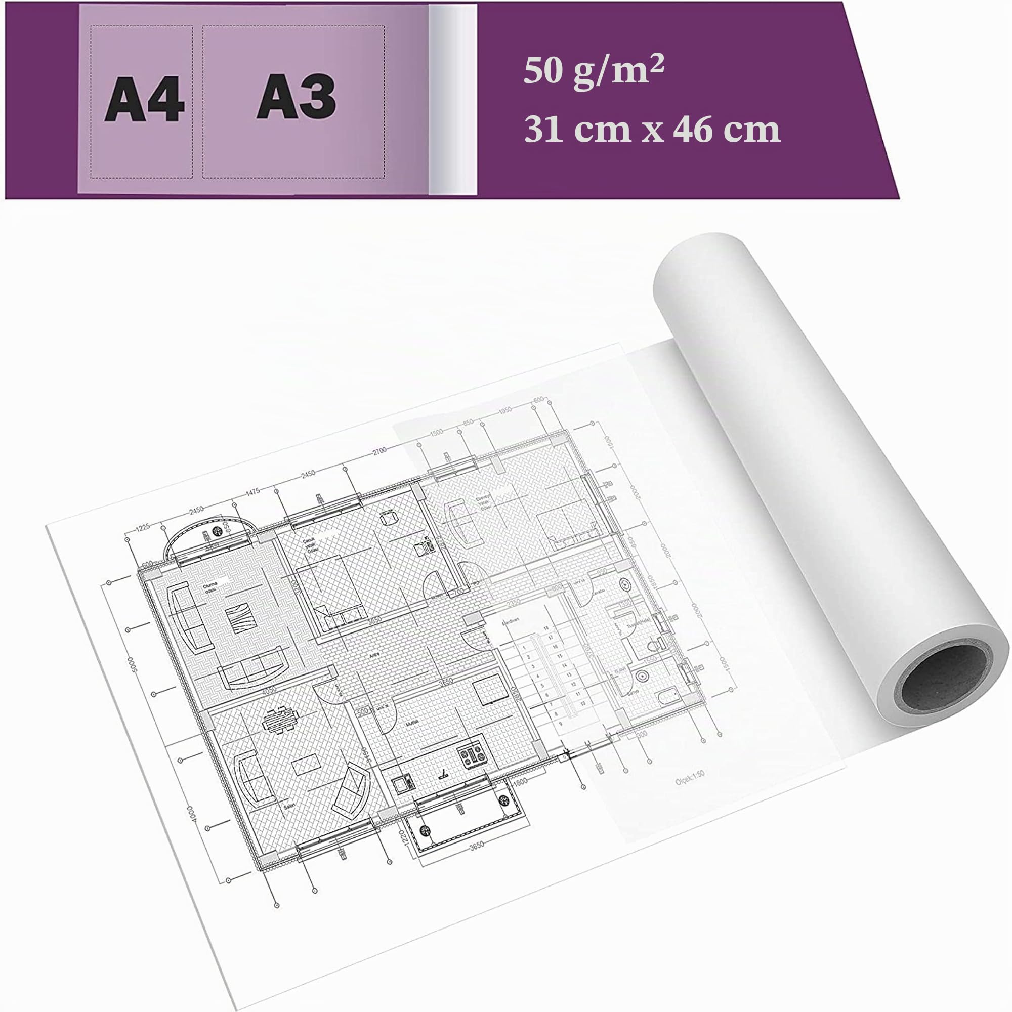 TRITART Papier Calque en Rouleau - Largeur 40 cm x 50 m - Grand Format - 50 g/m - Transparent - Papier patron couture - Pour faire des croquis, ciuture, craft