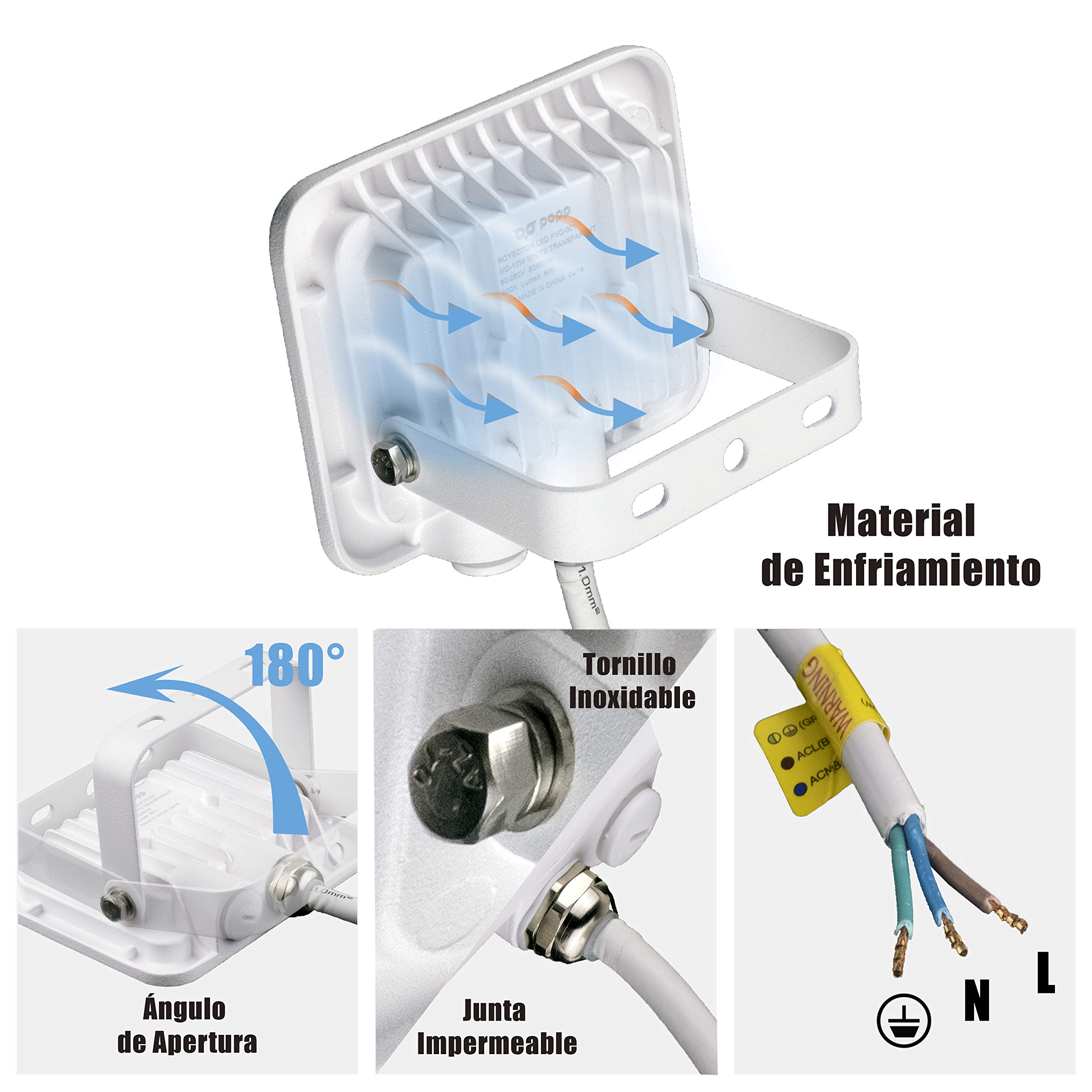 Popp® Pack x2 Foco Proyector LED Exterior Blanco 10W Luz blanca 6000K 85LM/W Impermeable IP65 Resistente al agua, Foco LED para exterior patios, jardines, terrazas, campos (10W, 6000K 2unidad)