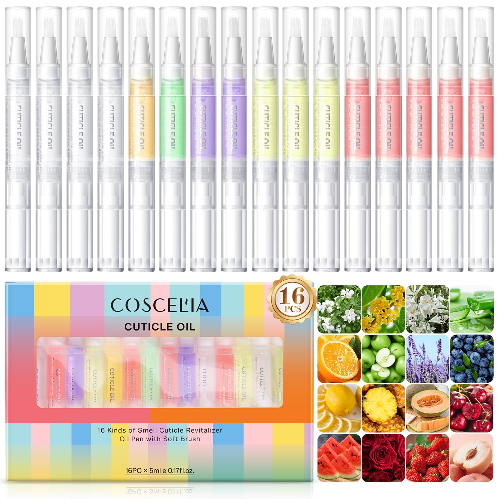 Coscelia Olio per Unghie e Cuticole 16 Pezzi Penne ad Olio per Cuticole, Trattamento delle Unghie, Idrata e Nutre in Profondità per Riparare Cuticole Cracked e Secca