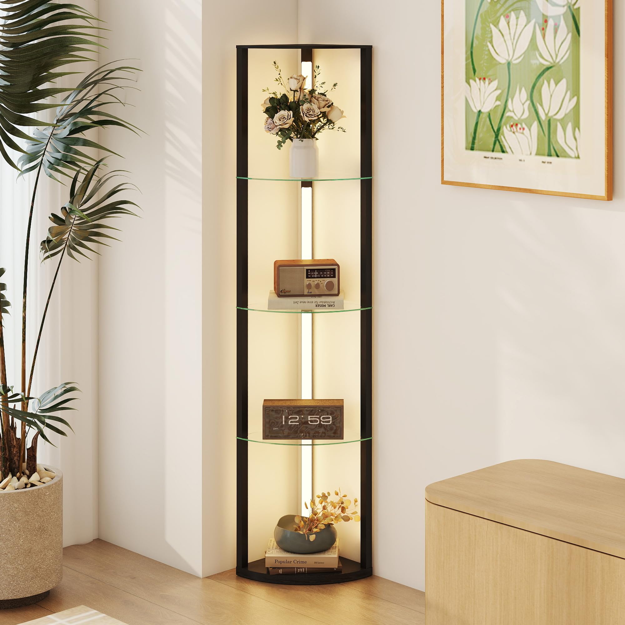 Homcom Black Led Floor Lamp With Shelves, Dimmable, 3 Brightness Levels,