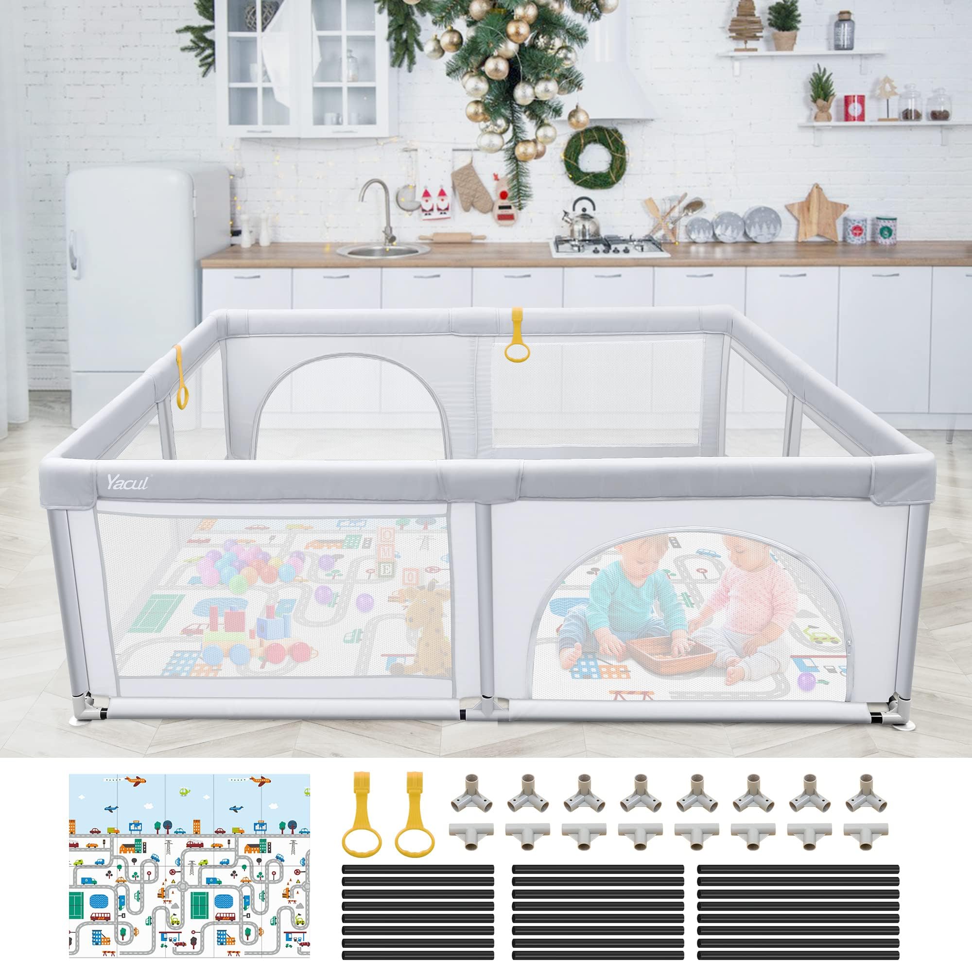 Yacul Extra Large Baby Playpen with Mat for Babies and Toddlers Kids Infant Play Pens with Gate Indoor & Outdoor Play Area