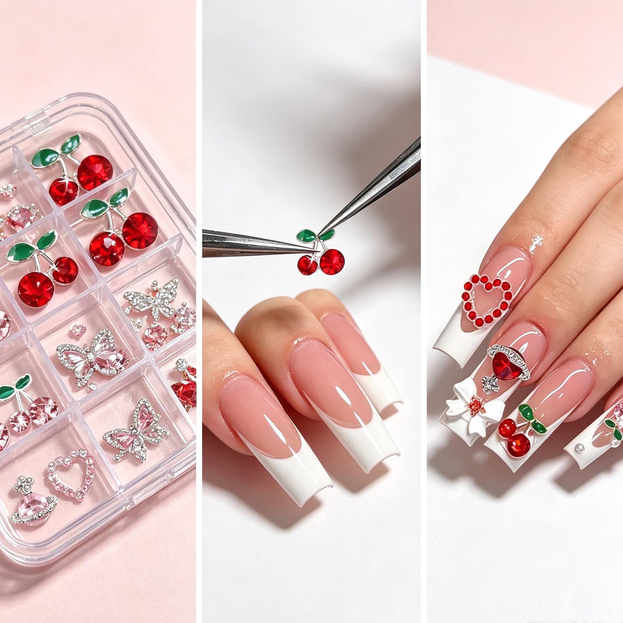 COOSLIM 45 ciondoli per unghie a forma di ciliegia, con strass rossi e rosa, gemme per nail art, stelle, cuore, pianeta, perle, decorazioni per unghie, a forma di Saturno, accessori per unghie in