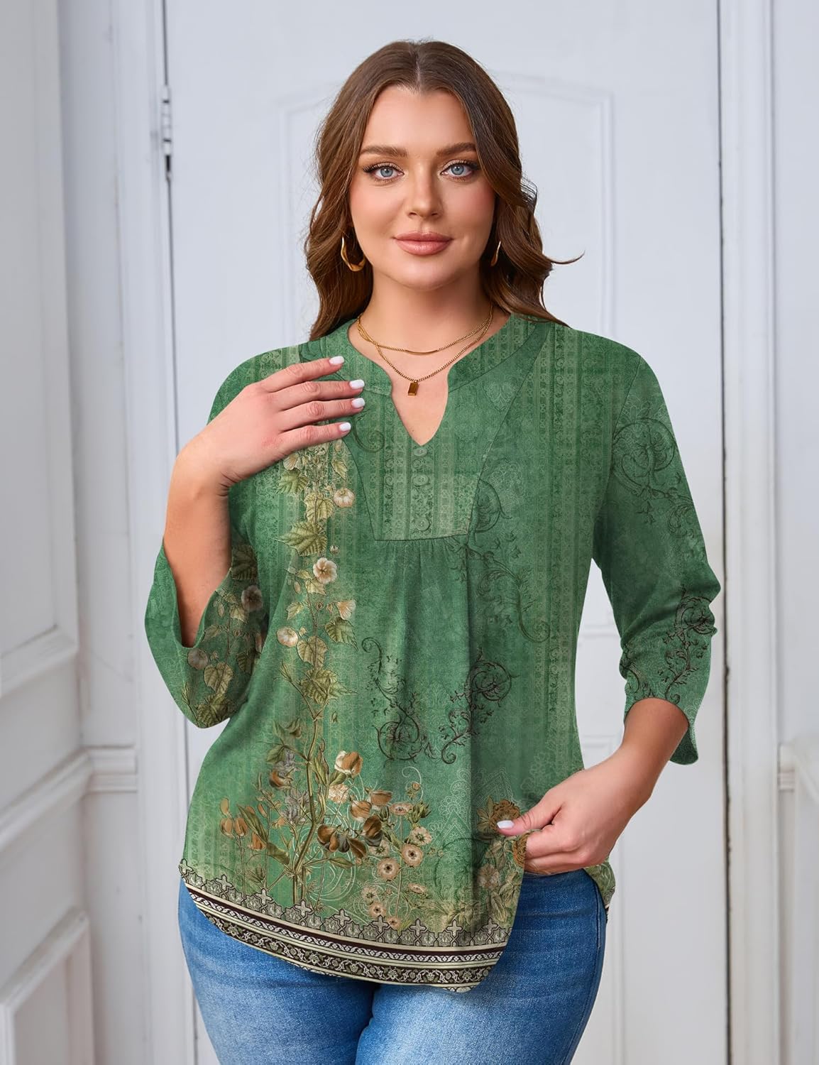 TFSDOD Women Shirts Plus Size 3/4 Sleeve Boho Tops Casual V Neck Dressy Blouses Flowy Business Loose Fit Work Tunics Tops - Image 2