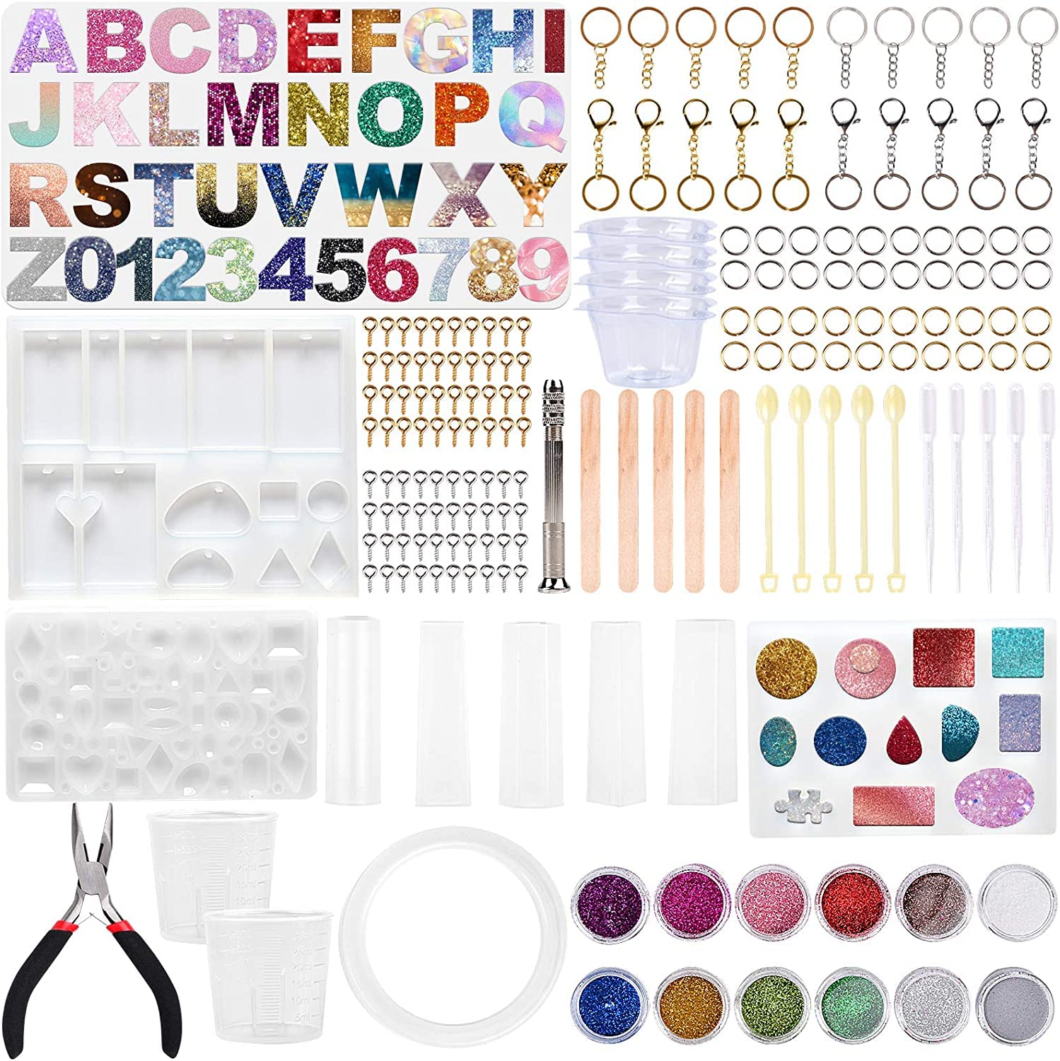 186PCS Jewelry Epoxy Resin Casting Nonstick Molds Kit Tool Multipurpose Alphabet Silicone Sheet Making Set for DIY Pendant Crayons Clay Sugar Cake Keychain Soap Wax Crafts, with Glitter Powder Sequins