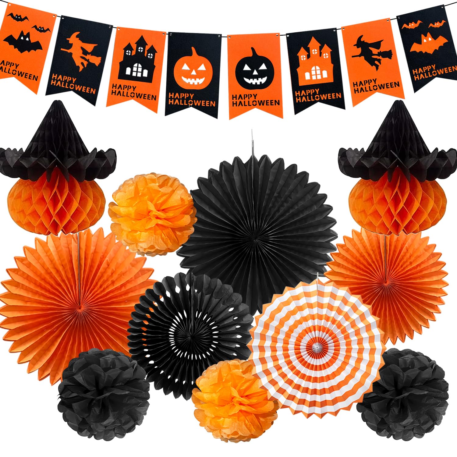 Mauts Halloween Party Decorations set , Halloween paper fan flowers, hanging swirl and happy pumpkin banner (Halloween 2)