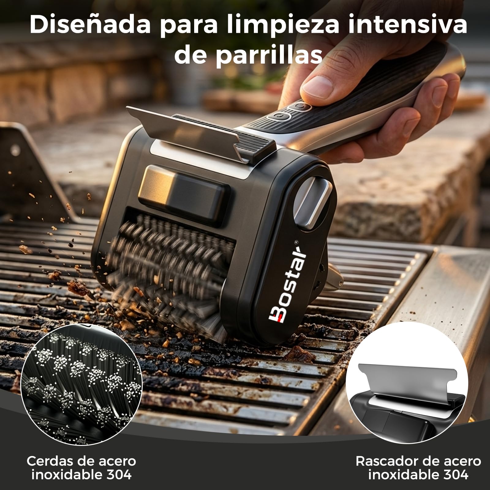 Bostar Cepillo Barbacoa Eléctrico Inalámbrico - 4000mAh Limpiador de Parrillas con Raspador de INOX y Luz LED, 450 RPM Potente para Gas y Carbón, Incluye 1 Rodillo de Repuesto