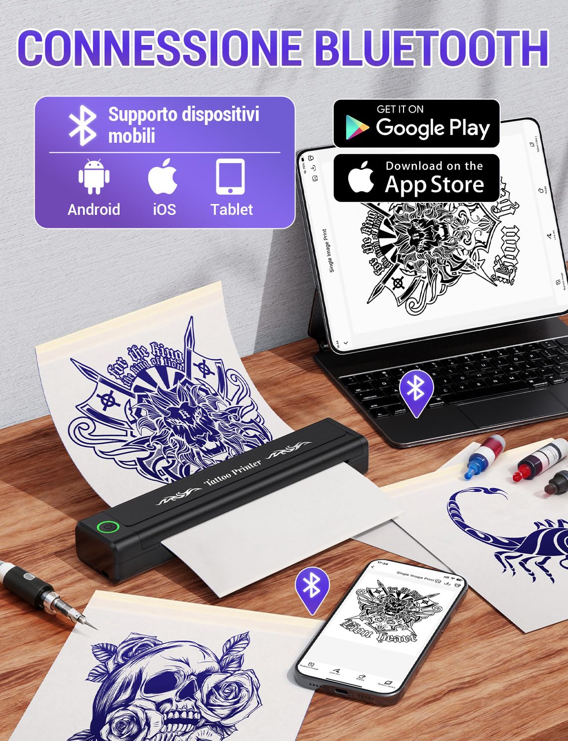 YOHOOLYO Stampante Stencil Tattoo Termica Senza Inchiostro Ricaricabile Portatile per Tatuaggi con 10 Fogli di Carta