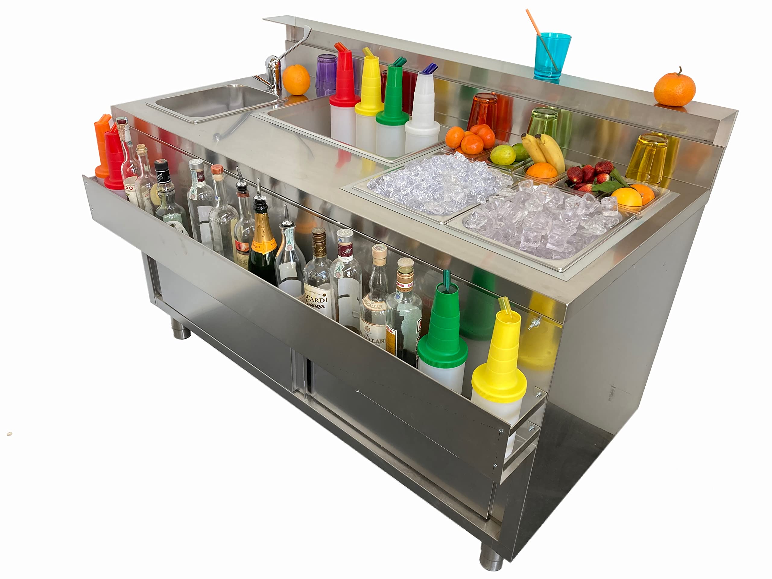 Banco per Cocktail €. 2.034+iva, Cocktail Station in acciaio inox di cm. 150xp70xh107, Con struttura armadiata e antine scorrevoli lato operatore, piano di lavoro attrezzato come da foto