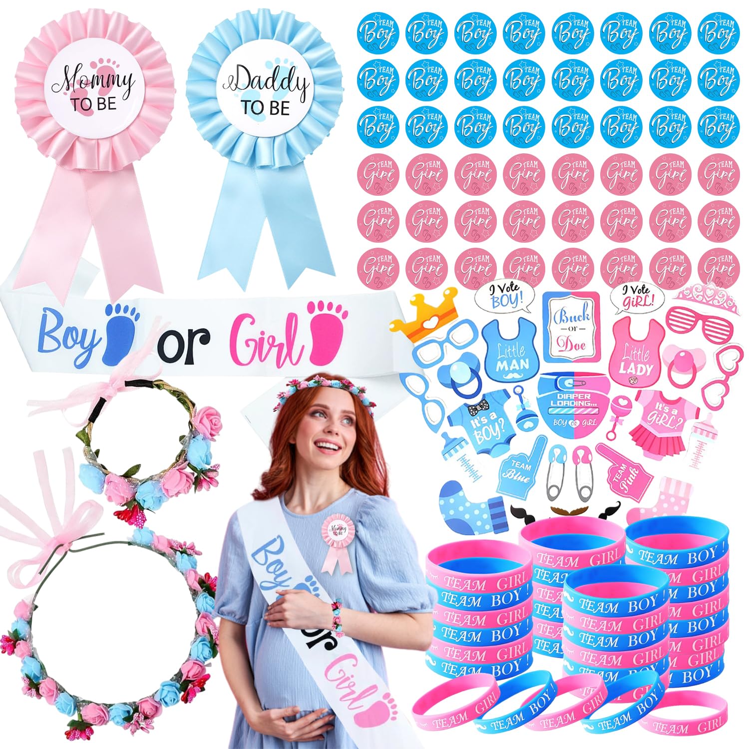 Set 48 Pezzi Per Gender Reveal - 24 Spille E 24 Braccialetti Team Boy/Girl, Per Baby Shower - Foto 8