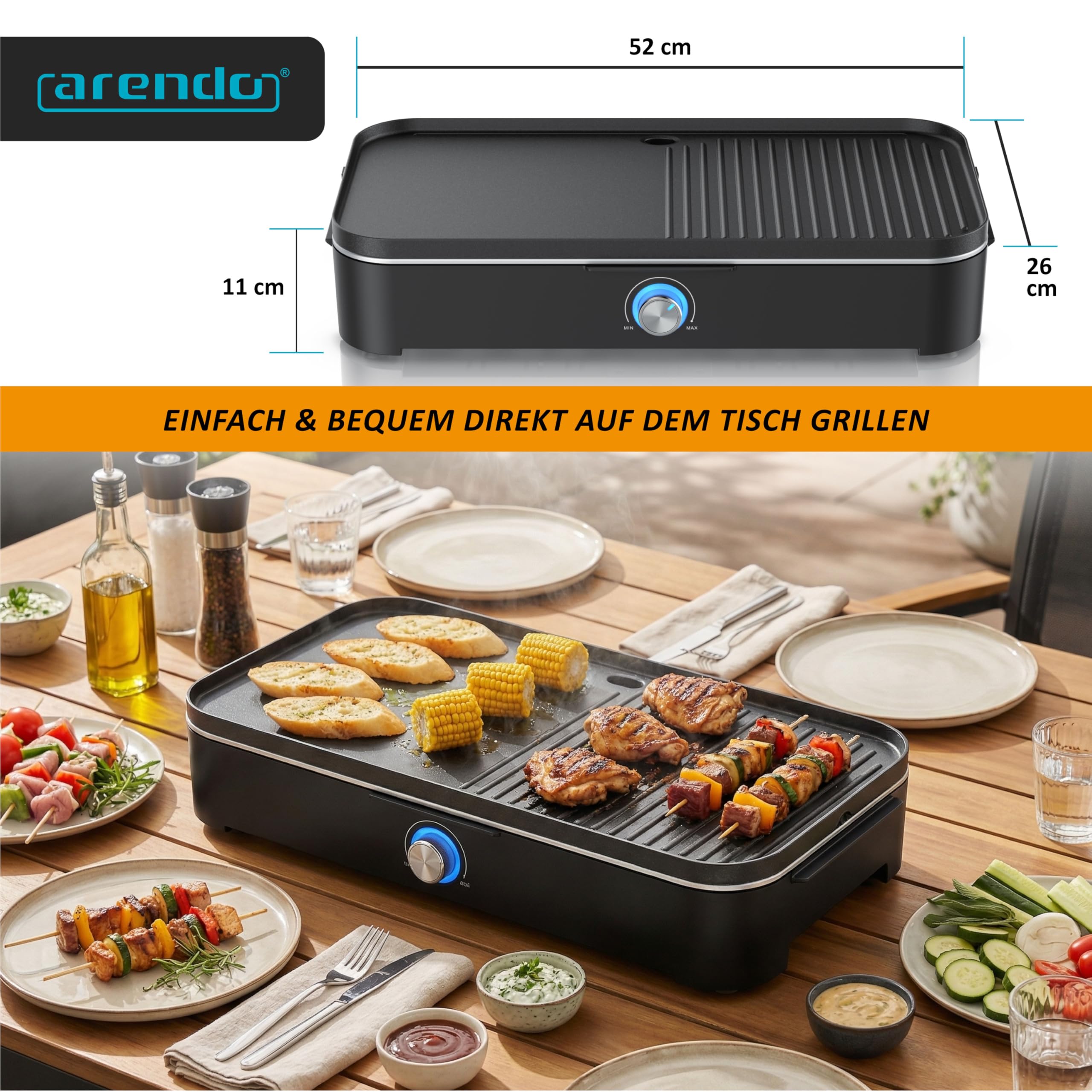 Arendo - Tischgrill Elektrogrill Edelstahl – 2200W Leistung – Gleichmäßige Temperaturverteilung – Geteilte Garflächen – Antihaft-Beschichtung – Standfuß mit Ablage – Spritzschutz – Für Balkon Terrasse