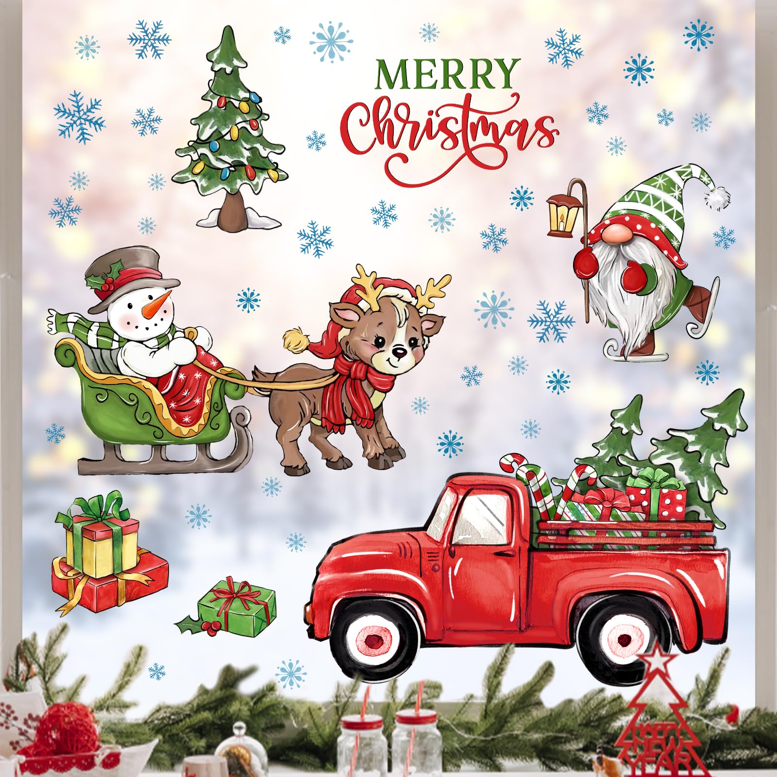 Mfault 158 PCS Merry Christmas Window Clings 4 Sheets, Snowman Gnome Farmhouse Red Truck Xmas Tree Stickers Decal Decorations, Winter Snowflake Deer Sleigh Living Room Home Kitchen Decor Holiday Gift