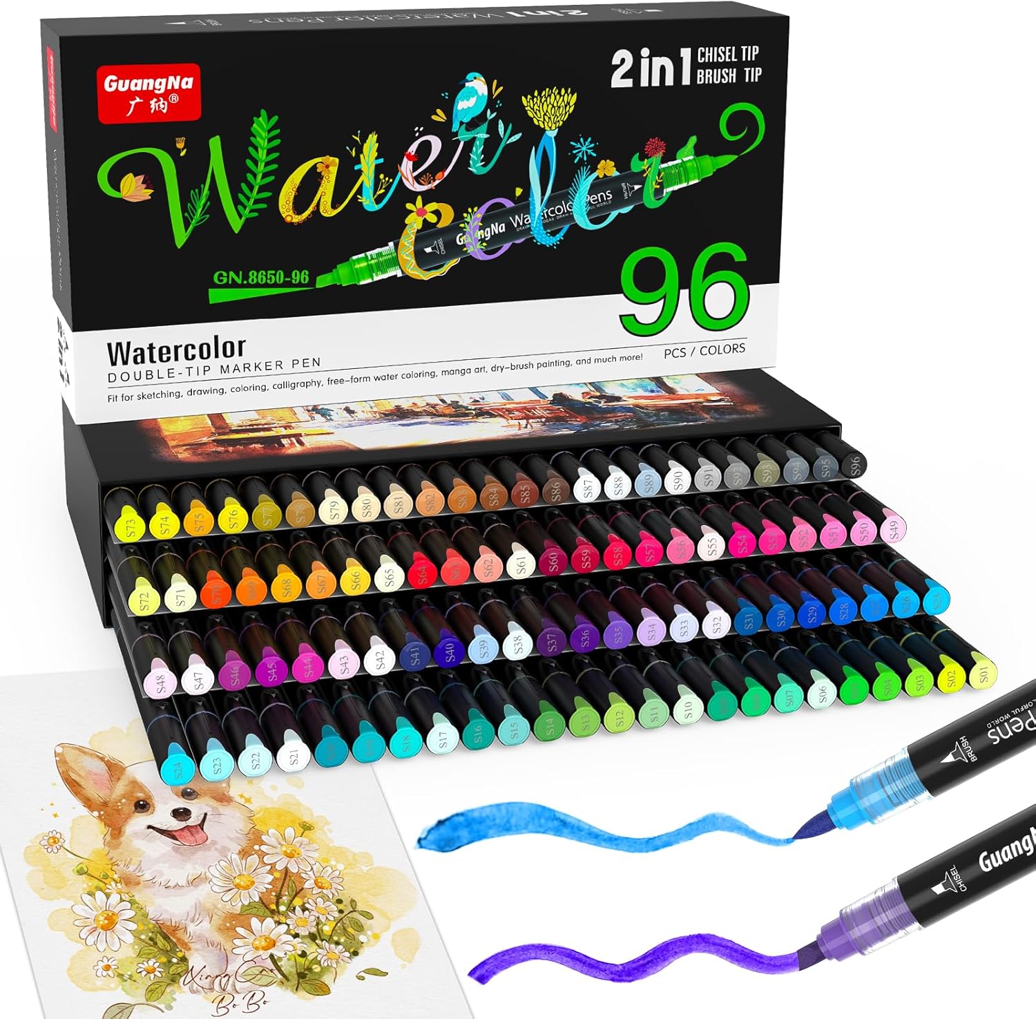 Guangna 96 Colors Dual Tip Watercolor Marker Pen, Brush & Chisel Tip for Artists and Beginner, Adult Coloring Books, Calligraphy, Blending, Journaling & Professional Art Supplies