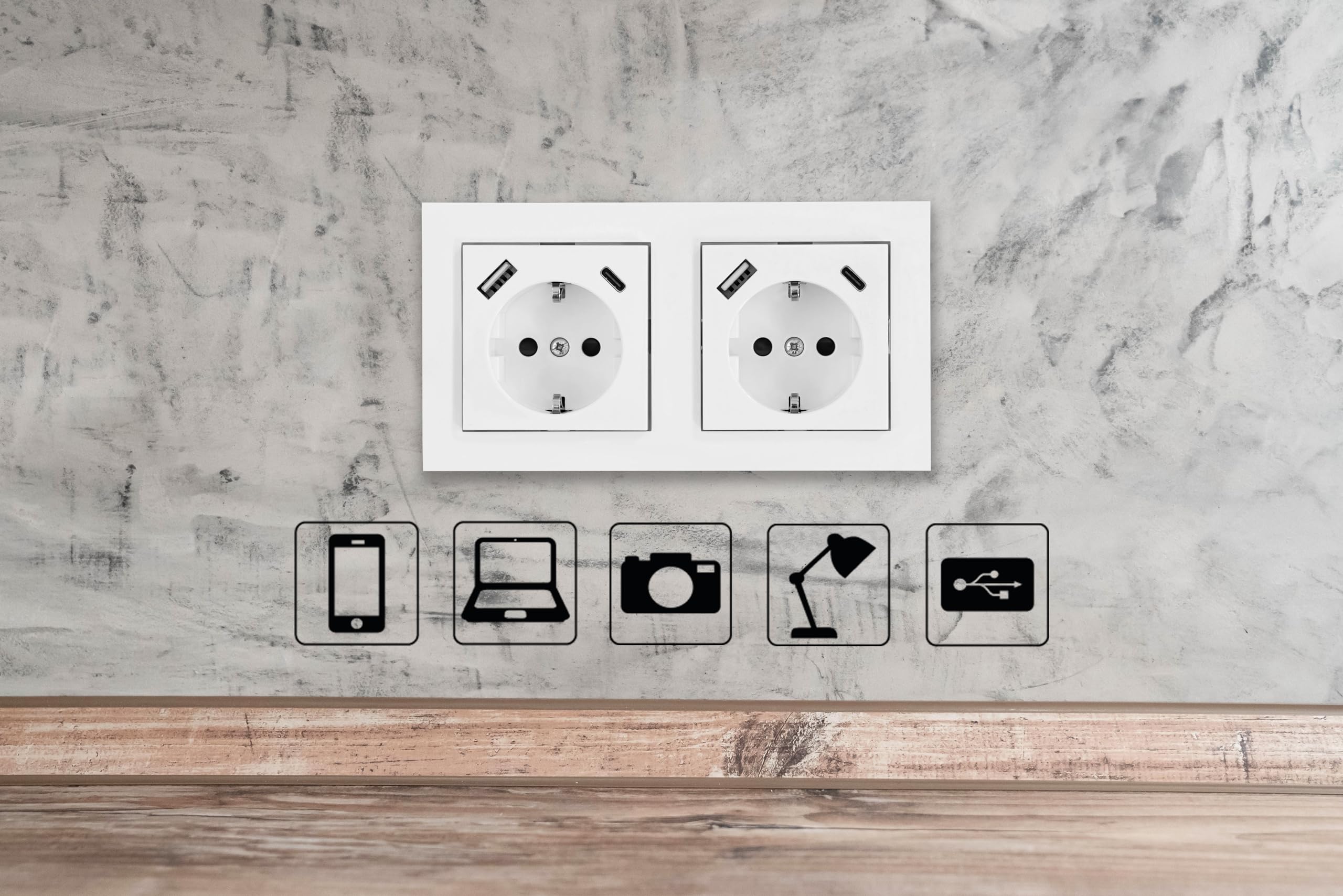 Schutzkontakt-Einbausteckdose 2-fach, jeweils mit USB-C (20W, Power Delivery 3.0) und USB-A Buchse (18W) - inkl. Doppelrahmen + 2x Zentralstück - signalweiß (RAL9003)