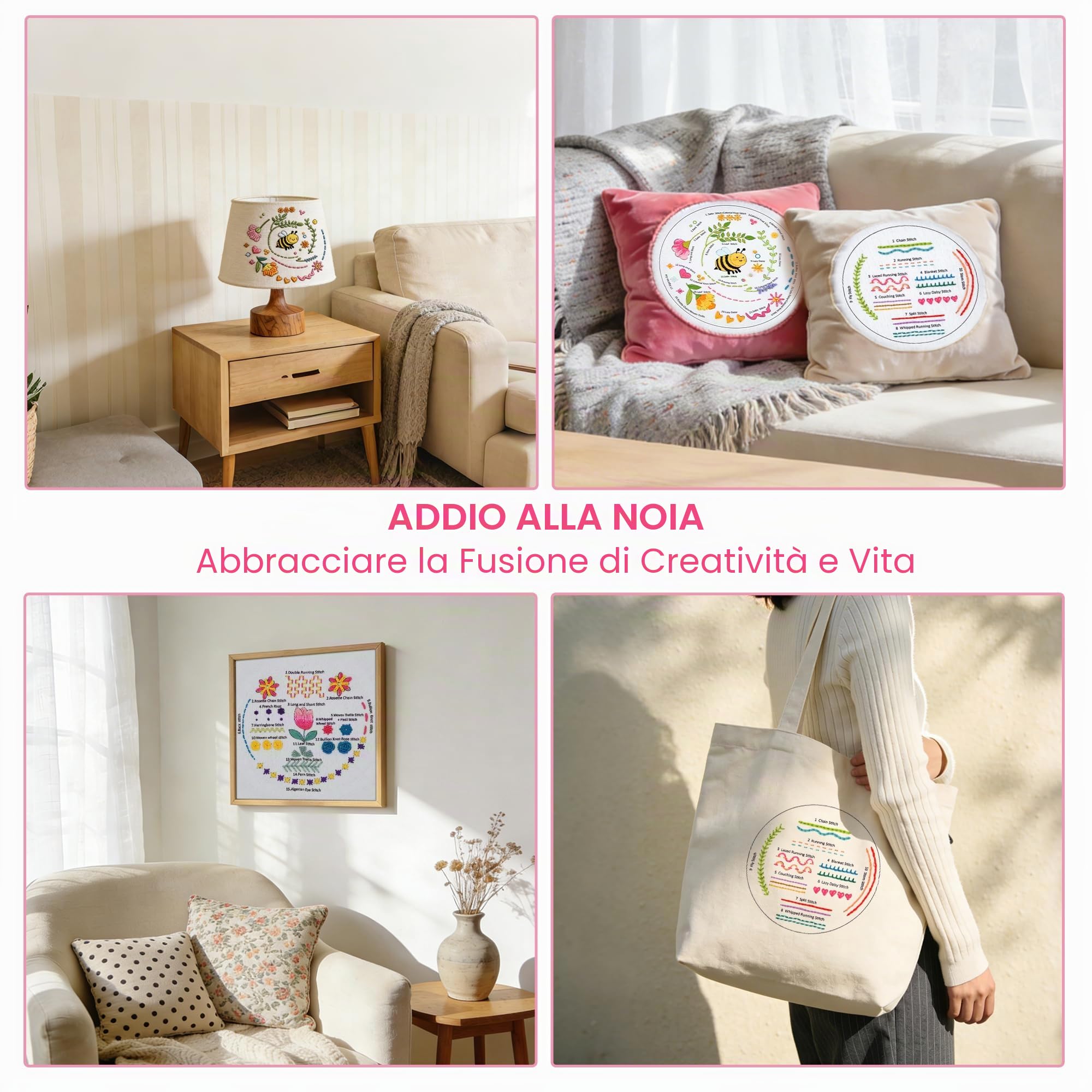 MAKEASY Set da Ricamo, Kit di Base per Ricamo, Include 33 Punti, Telaio per Ricamo in Bambù e Tutorial Video, Strumenti per Punto Croce per Adulti Principianti