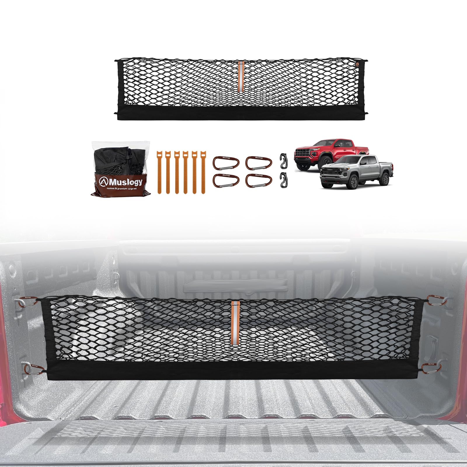 Muslogy Truck Bed Cargo Net Trunk Netting Compatible with Chevrolet Colorado & GMC Canyon 2026 2025 2024 2023 Accessories, Pickup Cargo Organizer SUV Sedan Storage Net w/Heavy Duty Carabiners