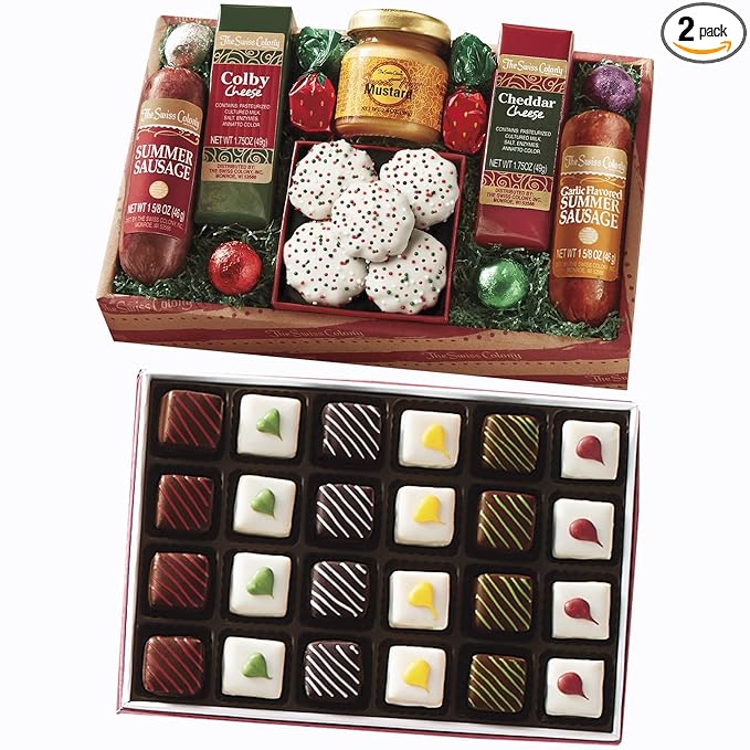 The Swiss Colony Holiday Treasure and Petits Fours Food Gift Bundle - Assorted Cheeses, Candy, Chocolate, Petits Fours, and Summer Sausage Meats