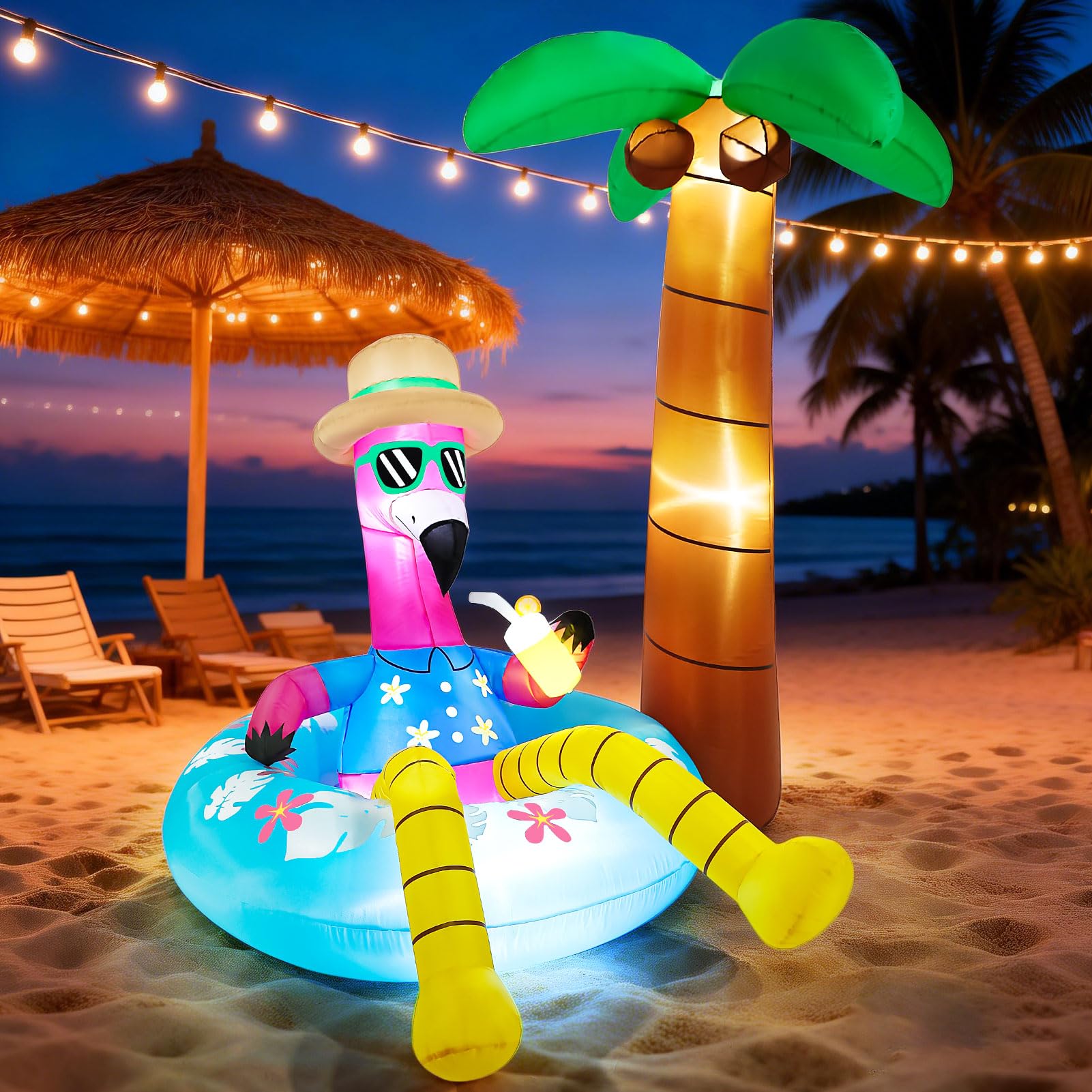 Flamant rose gonflable avec palmier de 1,8 m - Décoration d'été gonflable avec lumières LED pour fête tropicale Luau, plage, piscine, cour, jardin, pelouse