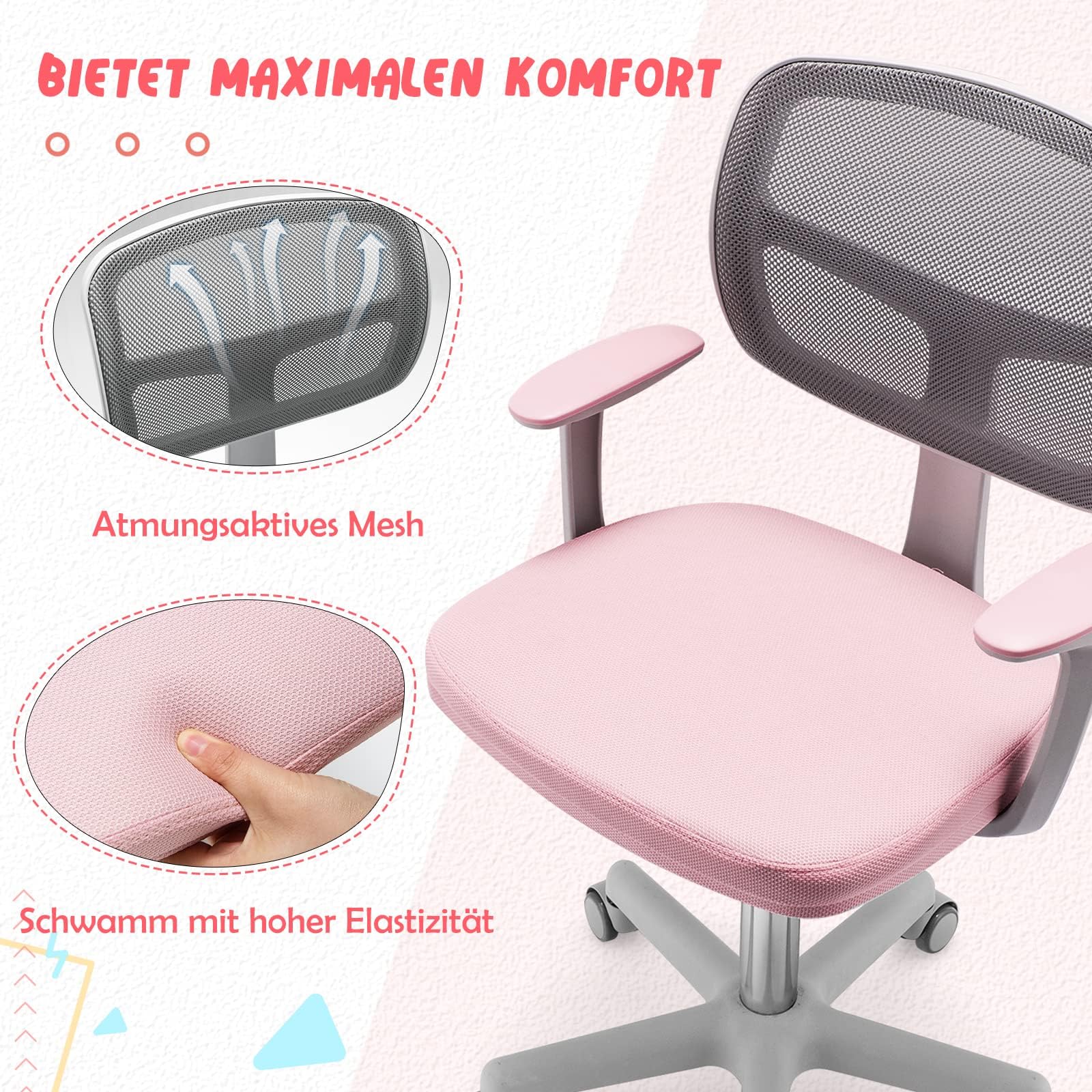COSTWAY 360° Drehbarer Kinderschreibtischstuhl, Höhenverstellbar 80-91,5 cm, mit Rückenlehne & Armlehnen, 5 Rollen, für Kinder 3-10 Jahre (Rosa)