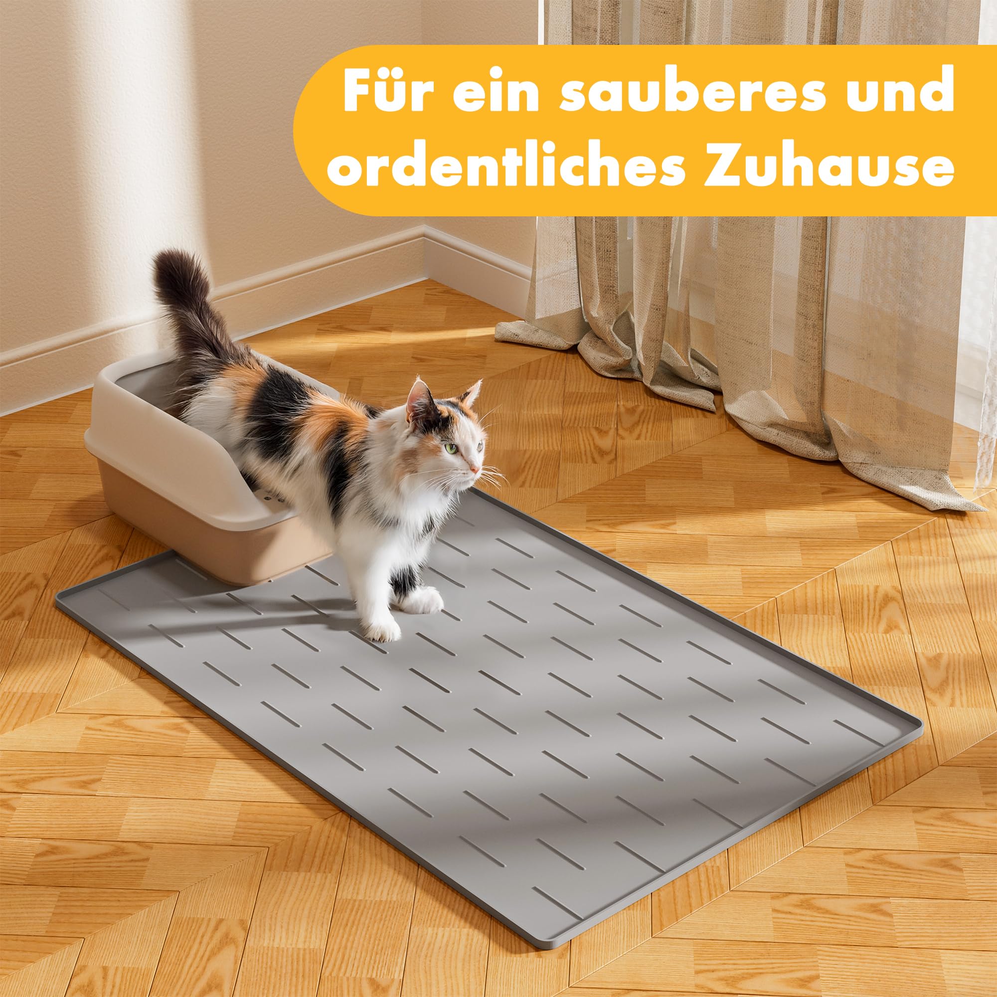Pieviev Katzenklo Matte Groß XXL, 102x71cm Unterlage Katzentoilette Silikon | Rutschfest, Wasserabweisend, Katzenstreu Auffangmatte mit Erhöhtem Rand, Leicht zu Reinigen, Extra Gross, Hellgrau