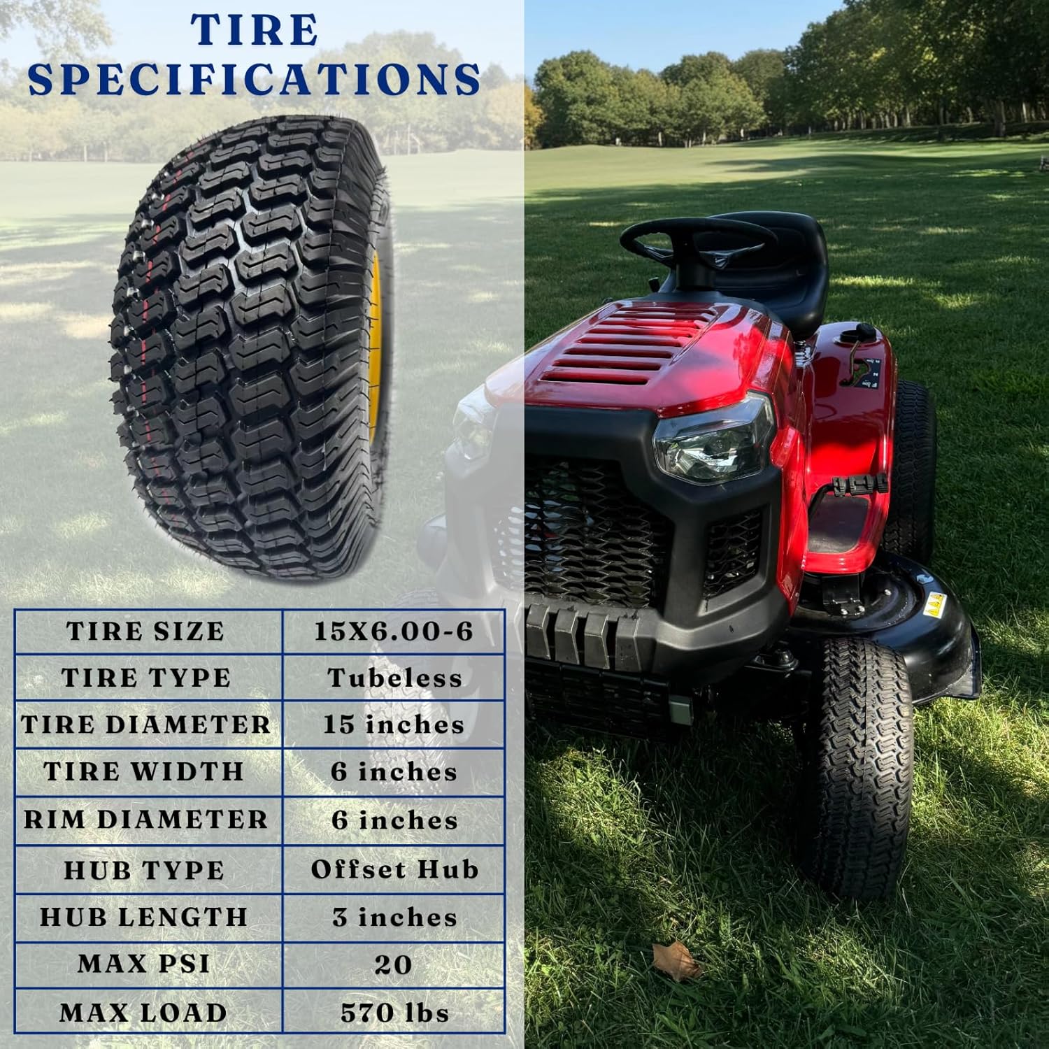 Dayrim 2 Pcs 15x6.00-6 Lawn Mower Tires with yellow Rim, 4-Ply Tubeless, 3" Offset Hub, 3/4" Bore Bearing, Wheel & Tire Assembly, Turf Tread for Riding Mowers & Garden Tractors. (yellow, 15x6-6)