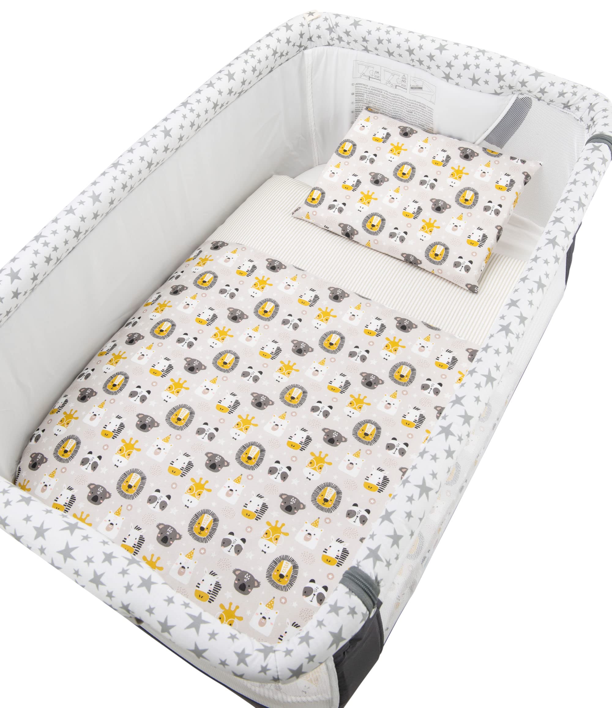 Babysanity Lenzuola Next To Me Compatibili 5 pezzi: Cuscino Neonato Federa Cuscino Piumino Copripiumino Lenzuolo Angoli per Culla Lettino Neonato Chicco Kinderkraft Cam Brevi OEKO-TEX (Lion Friends)