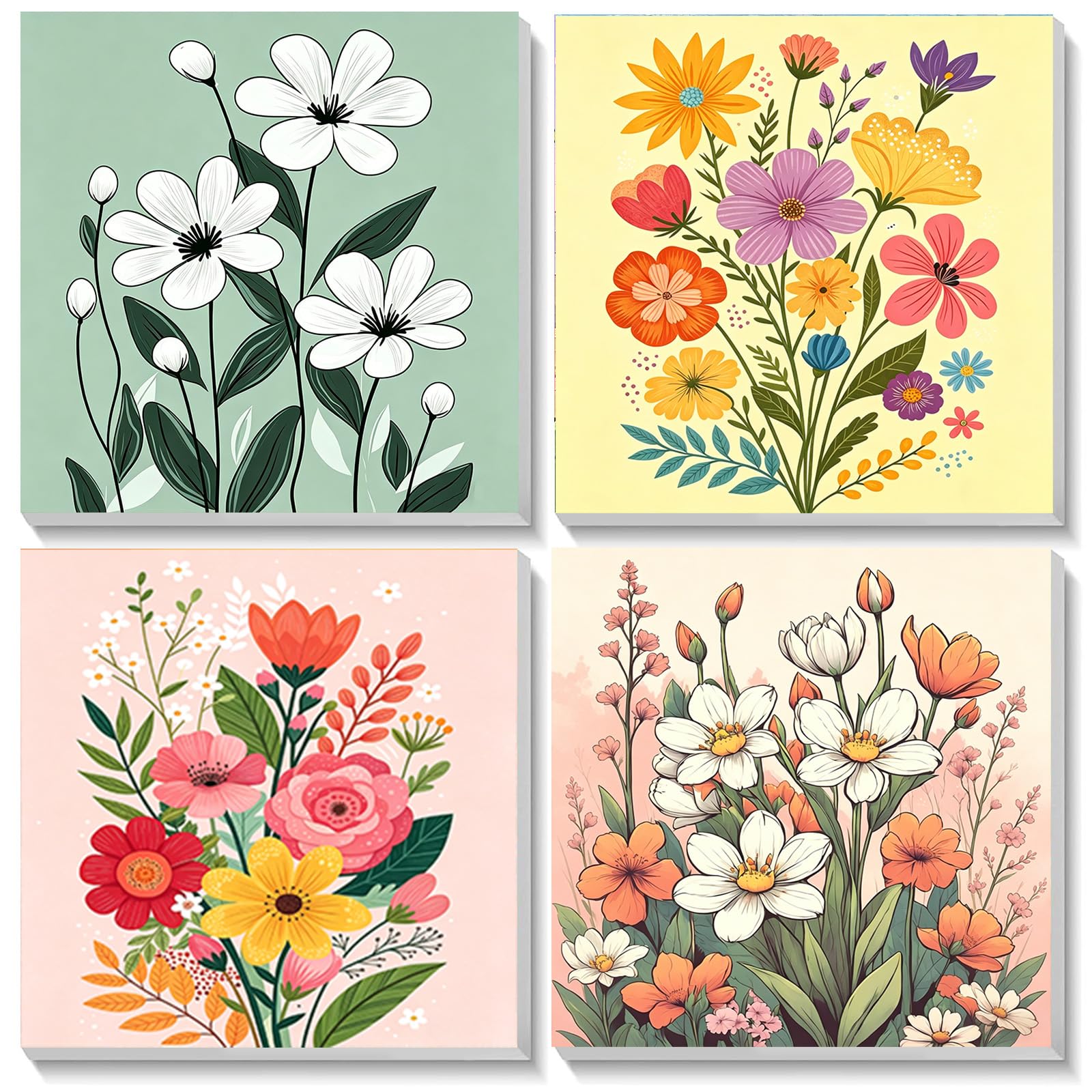 Bowetile 4 Pack Landscape Framed Paint by Numbers for Adults Children, Flowers Painting by Numbers Kit for Adults, Beginners Canvas Kits, DIY Acrylic Pigment Drawing Paintwork for Home Decor 20x20 cm