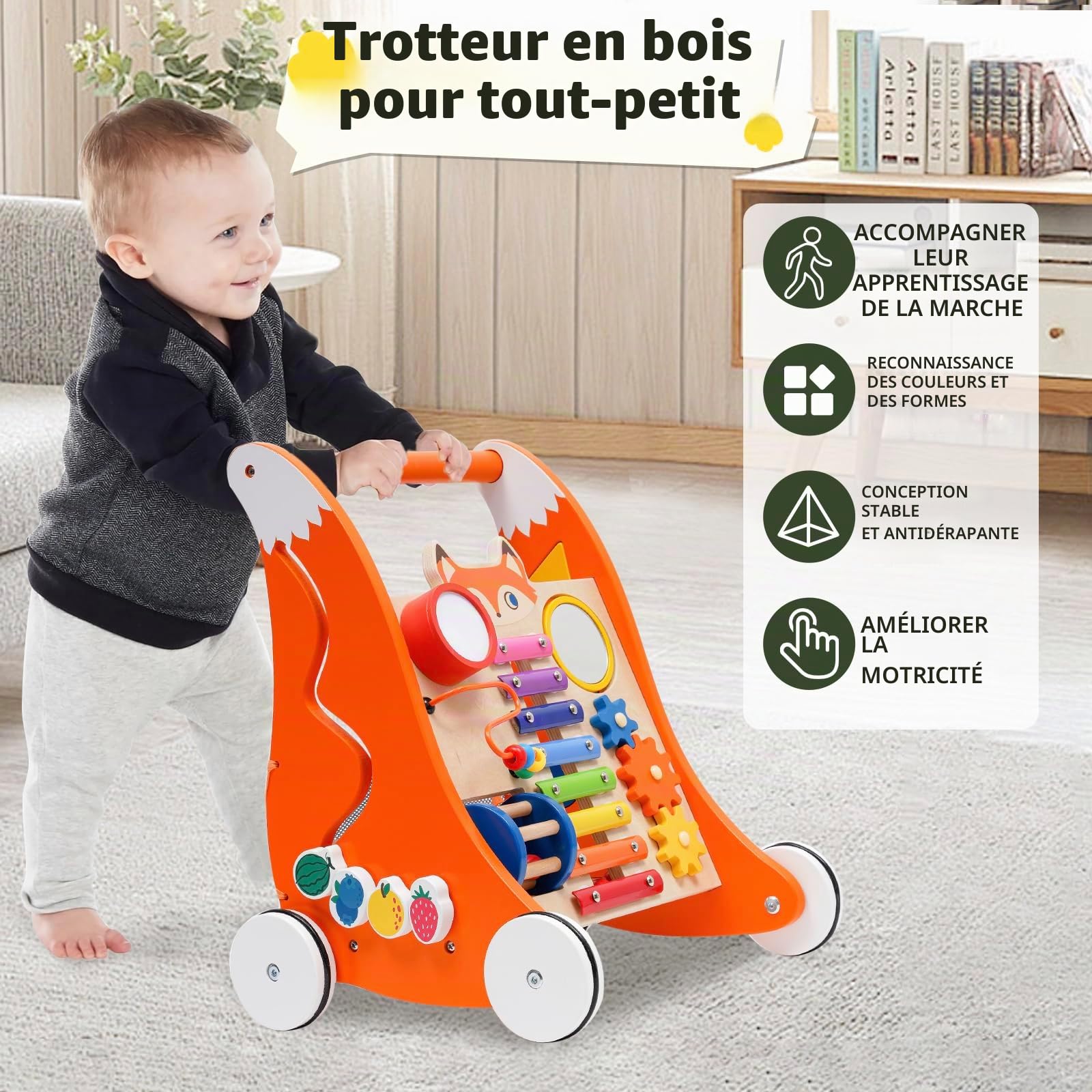Chariot de marche en bois pour jeunes enfants, trotteur multifonctionnel avec plateau de jeu et musique, avec jouets en bois Activity Center, apprendre à marcher