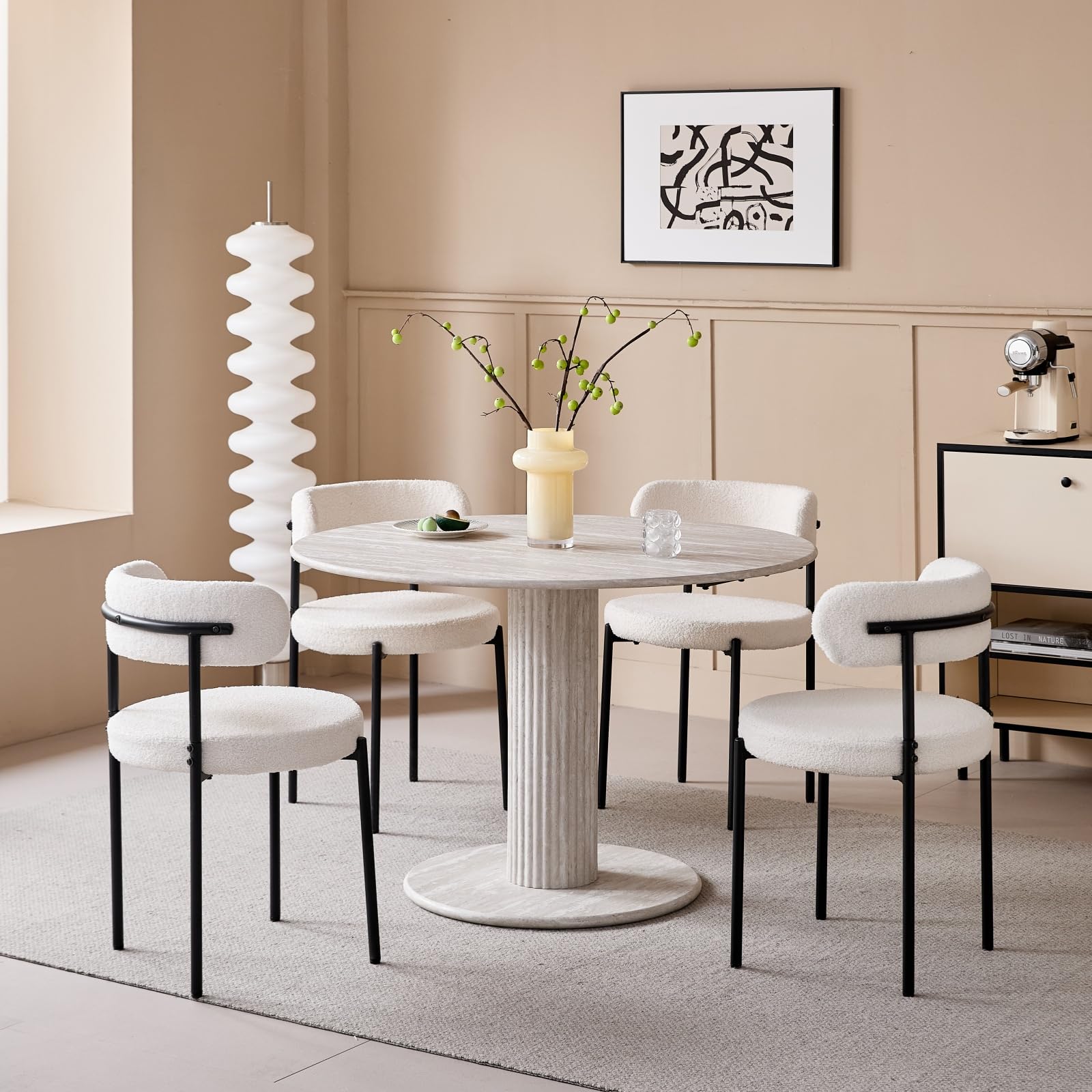 Tavolo da Pranzo Rotondo, Base con Gambe Cilindriche, Effetto Finto Marmo, Tavolo da Pranzo Moderno e Minimalista per Soggiorno o Cucina, 115 x 115 x 75 cm - Travertino Grigio
