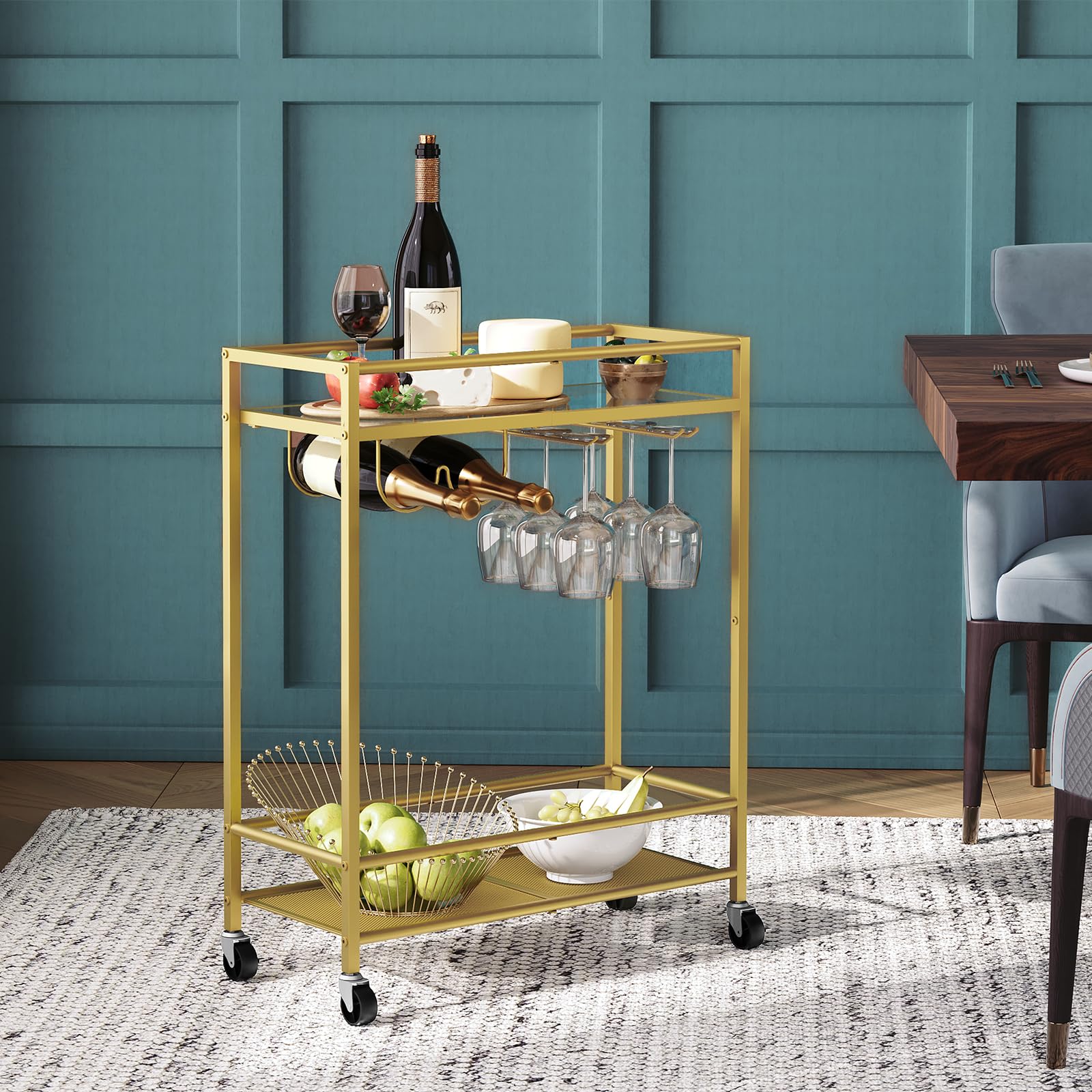 Gold Bar Cart, Beverage Cart with Wheels, Bar Cart for The Home, 2-Tier Drink Cart with Wine Rack and Glass Holder, Kitchen, Dining Room, Gold RCJ63B01Z