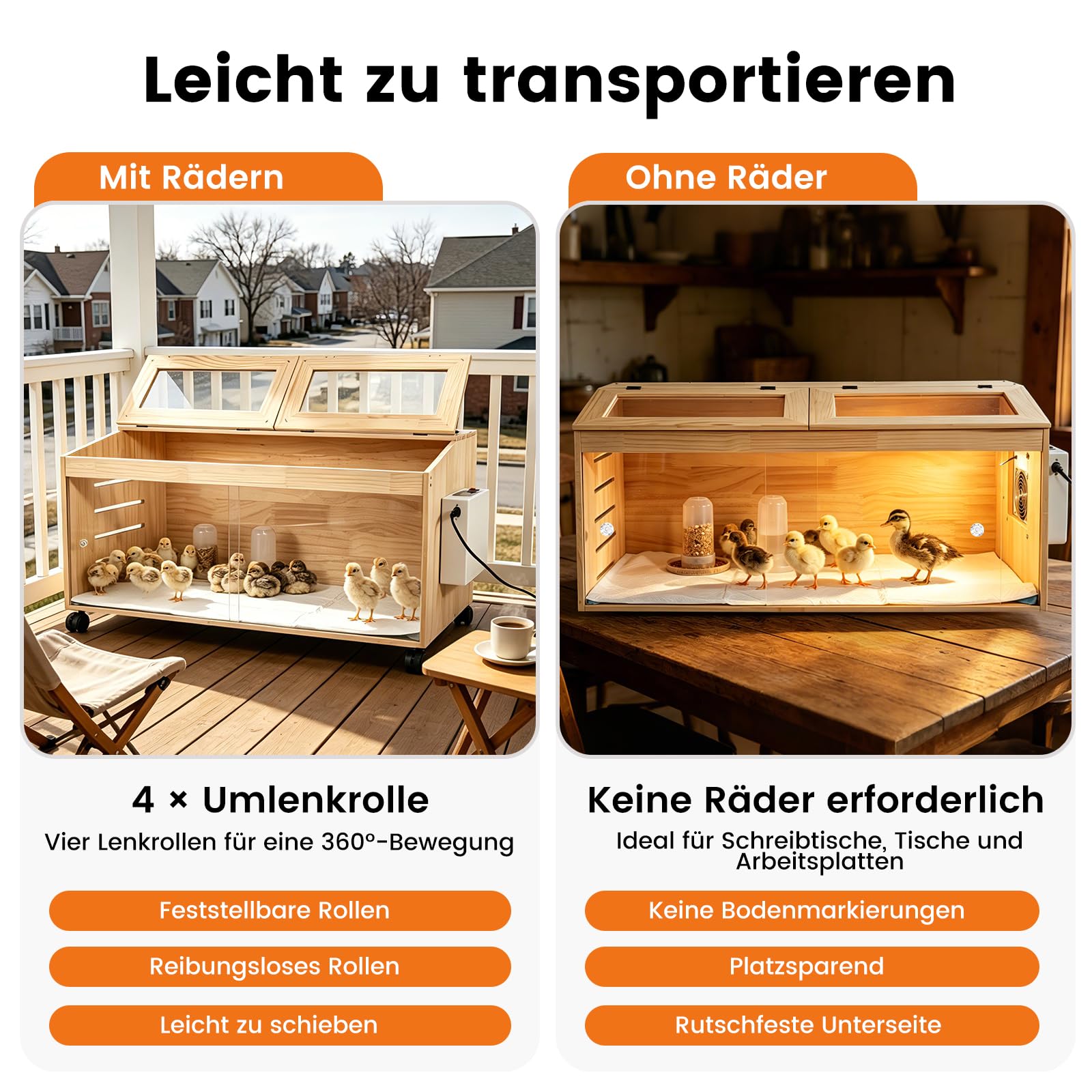 Kükenaufzuchtbox mit 4-Bremsrollen, intelligenter Brütkasten, Holzbrüter mit Temperaturregler, 80x40x40cm
