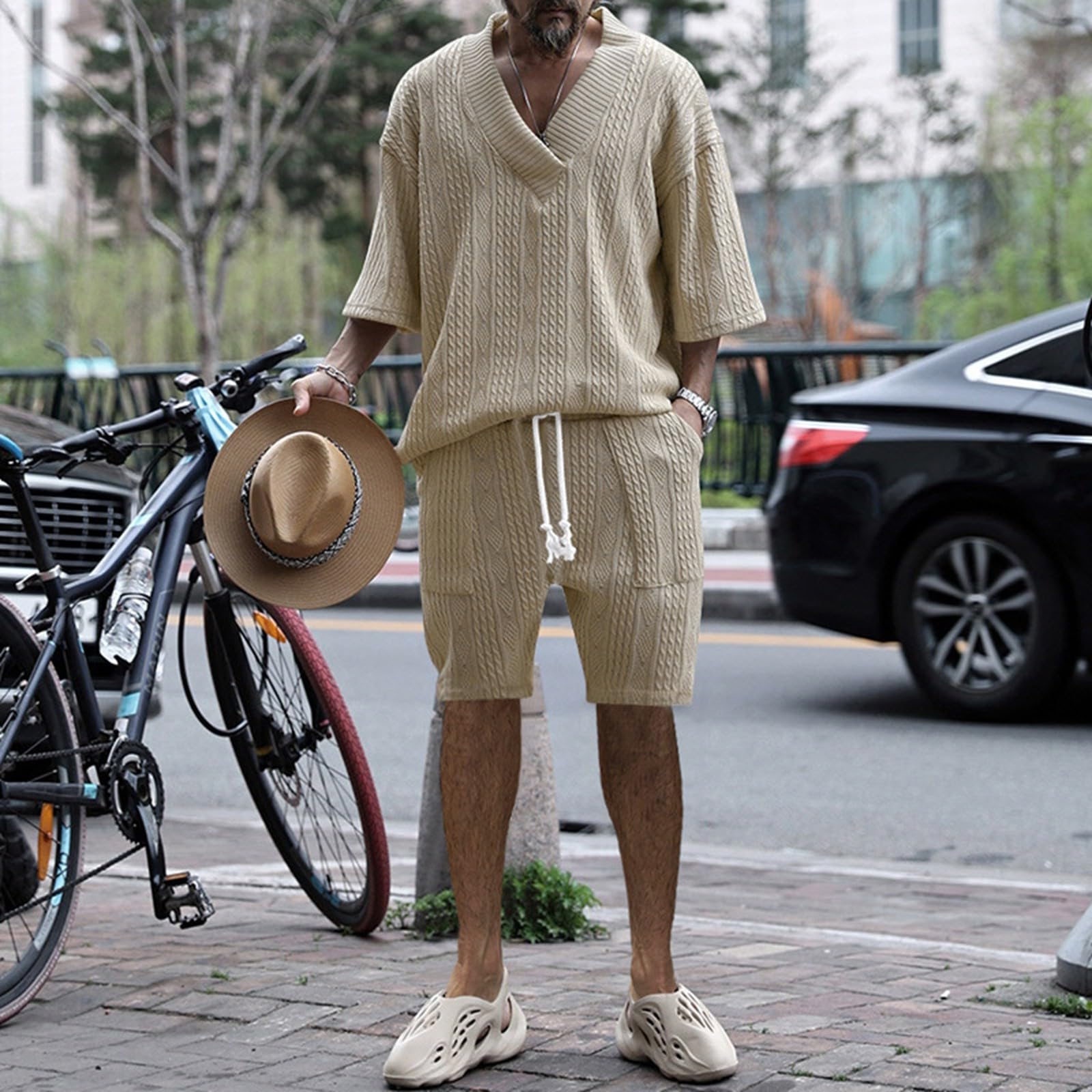 Tuta da uomo per matrimonio, completo in due pezzi, da uomo, in tinta unita, a mezza manica e pantaloni, set sportivo, per adolescenti, tuta estiva da spiaggia, abbigliamento casual 2024, maglione con