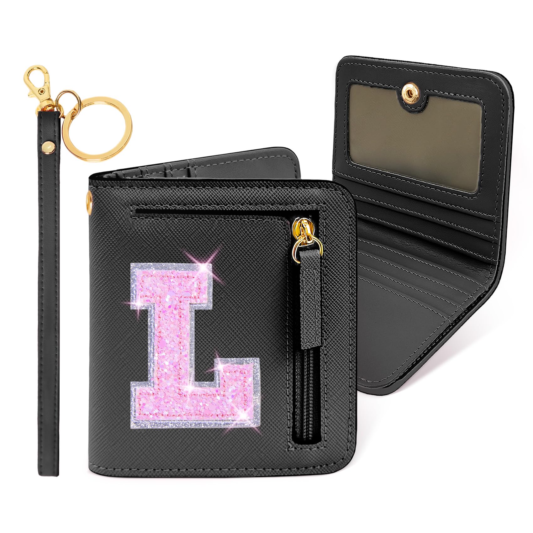 COSHAYSOO Small Wallet RFID Mini Bifold Travel Purse with Initial Letter Slim Thin Compact Pocket Minimalist Wallet Birthday Christmas Valentines Easter Gifts for Girls Friend Women Black L