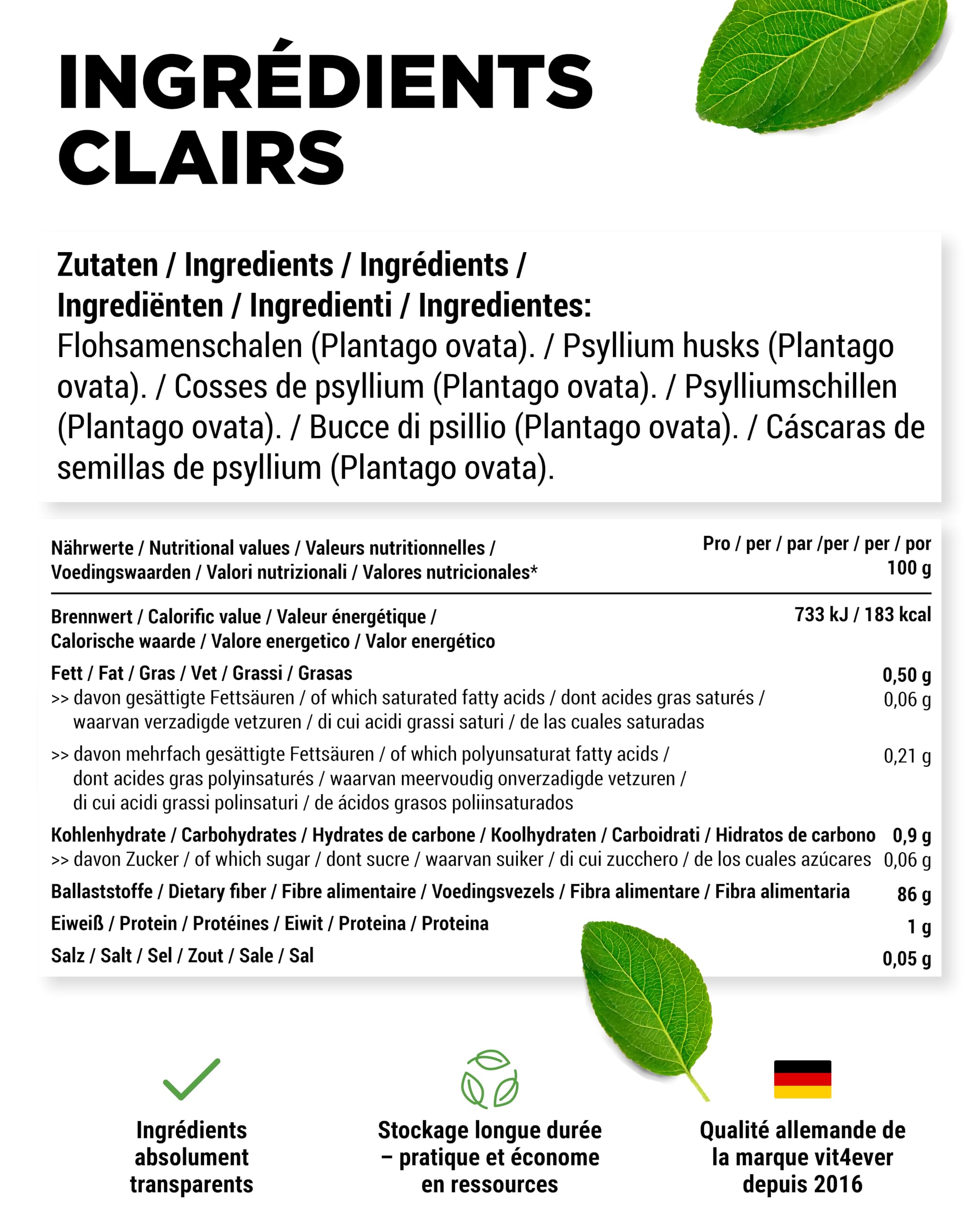 Psyllium Husks 1 kg - 1000 g - Résidus Contrôlés - Pureté 99% - Origine : Inde - Faible Teneur en Glucides - Haute Teneur en Fibres - sans Additifs - Vegan