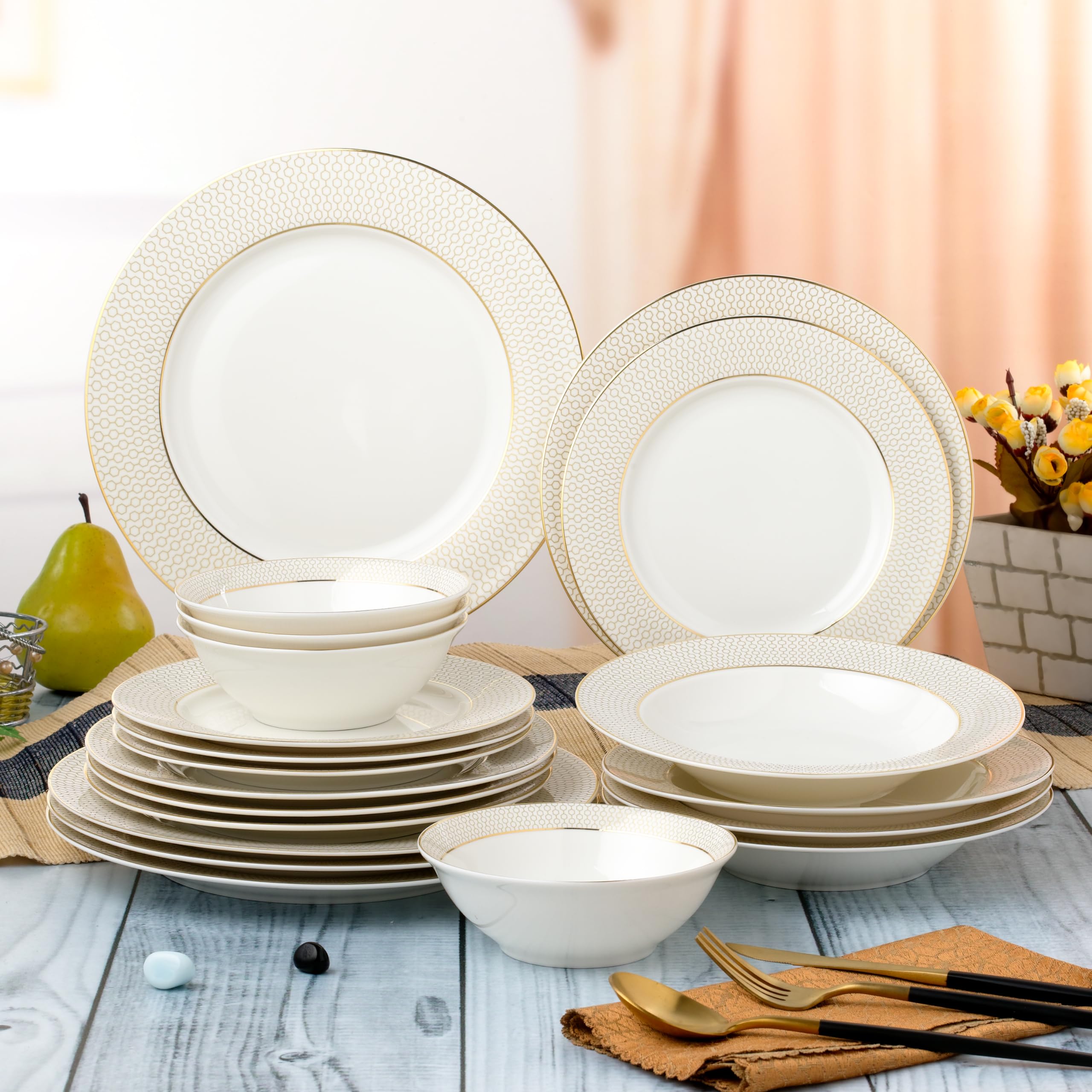 Perlaceo Set Stoviglie Bone China 16 Pezzi - Bianco Con Bordo Dorato, Servizio Per 4 Persone