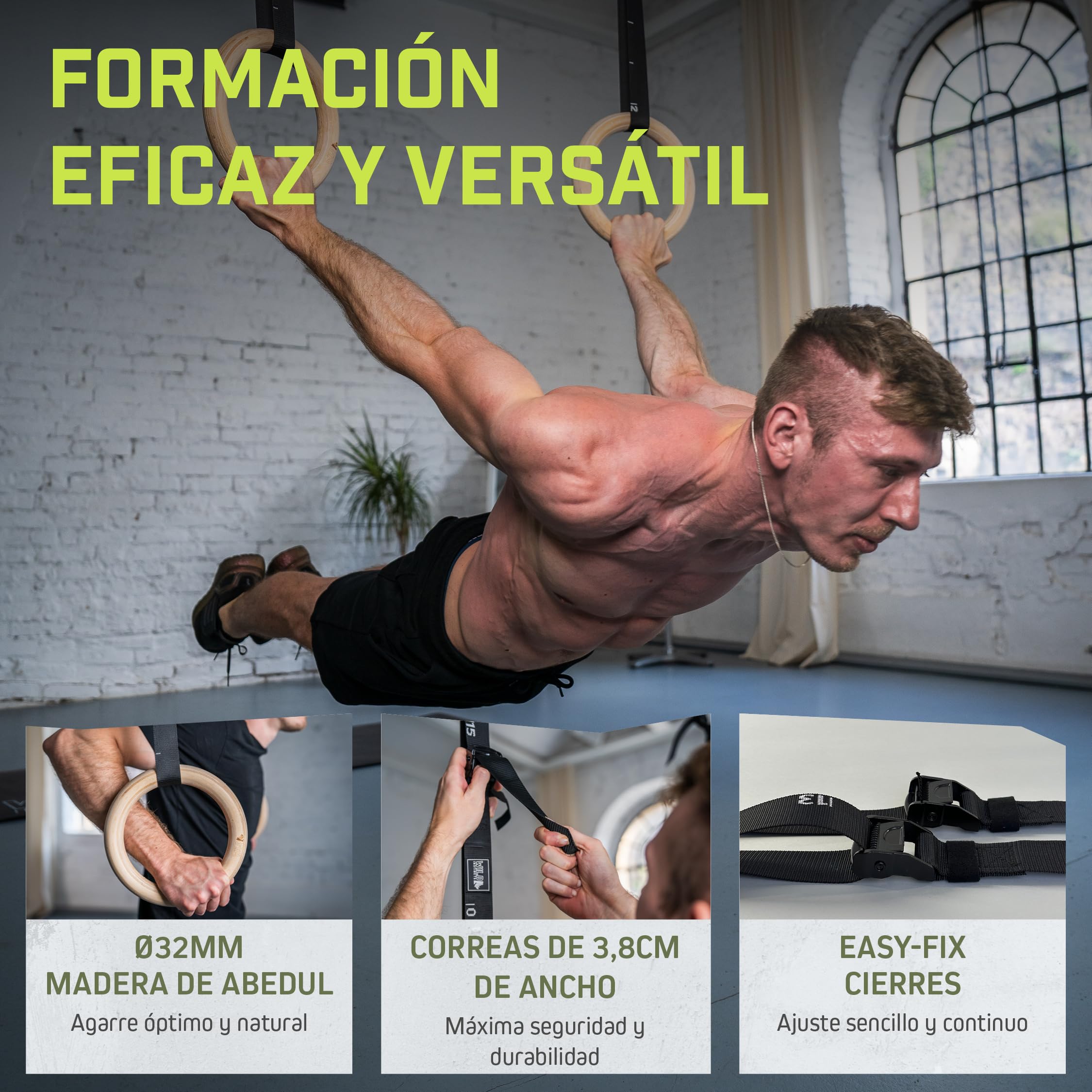 Wild Instincts Anillas de Gimnasia de Madera 28mm / 32mm para Gimnasia y Calistenia/Gym Rings/Aros de Gimnasia/Exercise Rings/Anillas de Calistenia/Anillas Madera Fitness/Fitness Rings