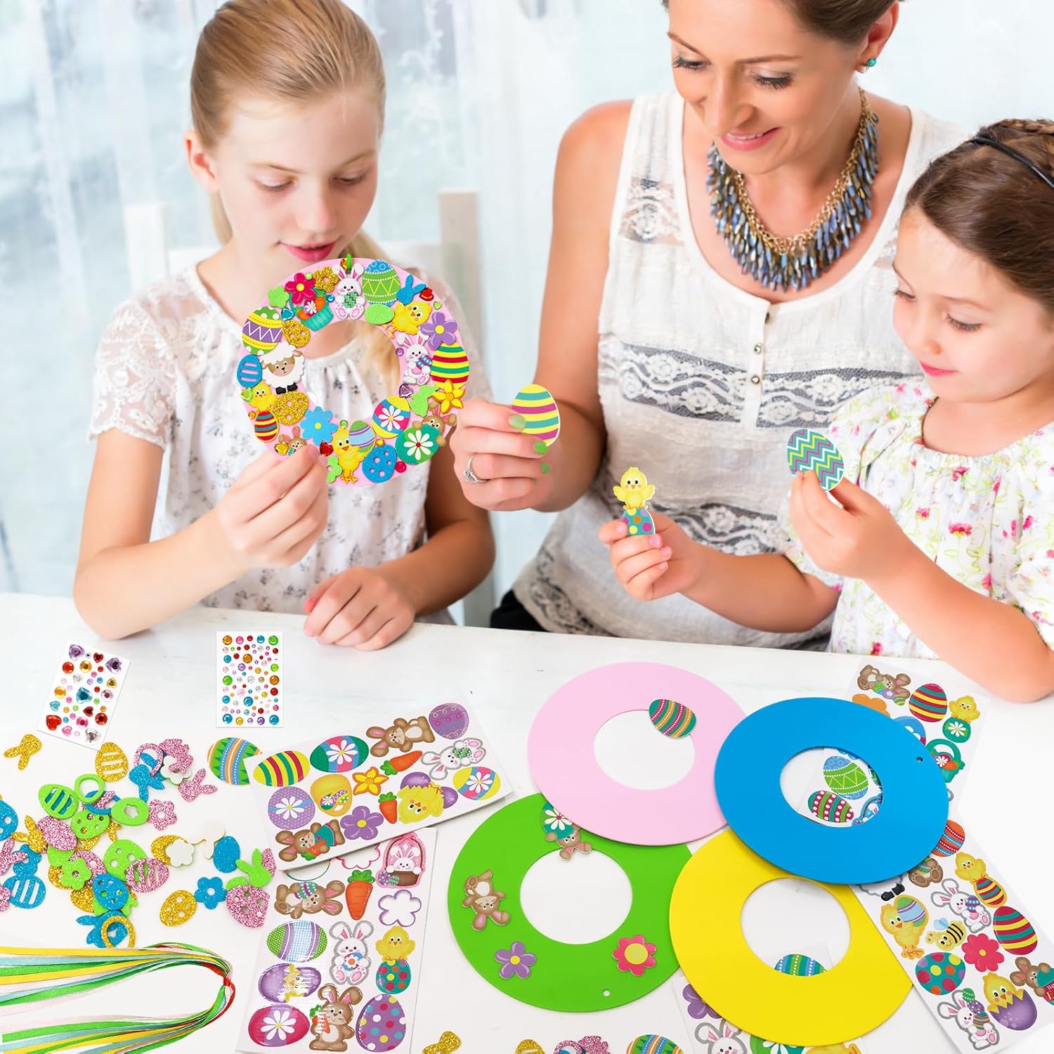 Treasure Cove Easter Crafts for Kids Easter Wreath Craft Kits DIY Foam Wreath Decorations Hanging Ornaments with Foam Stickers for Spring Classroom Home Activity Party Decor 12 Sets