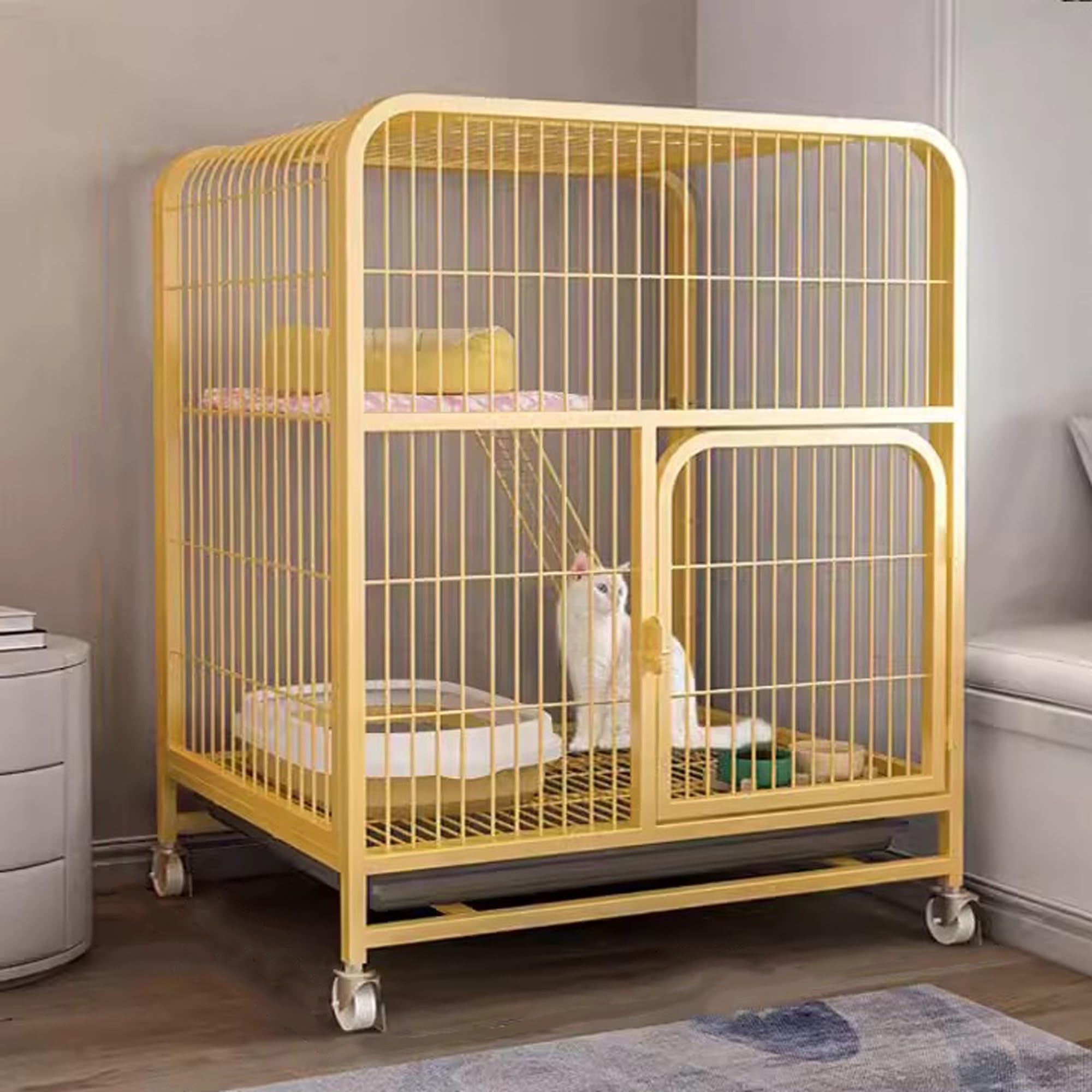 2-Tier DIY Cat Enclosure - Indoor Playpen with Metal Wire, Pet Cage on Wheels Rolling Cat Cage Indoor/Outdoorfor 1-2 Cats, Rabbits, Small Animals (Wood Color, Large)