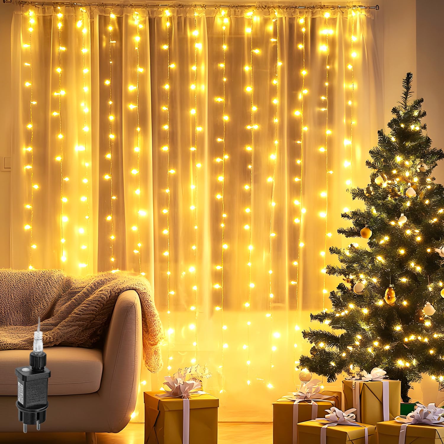 Aigostar 2×2m 200LED Cortina de Luces Navidad, 8 Modos Luces de Cadena de Cortina, IP44 Impermeable Cadena de Luces con Temporizador, Guirnalda Luces para Habitacion, Exterior, Fiesta (Blanco Cálido)