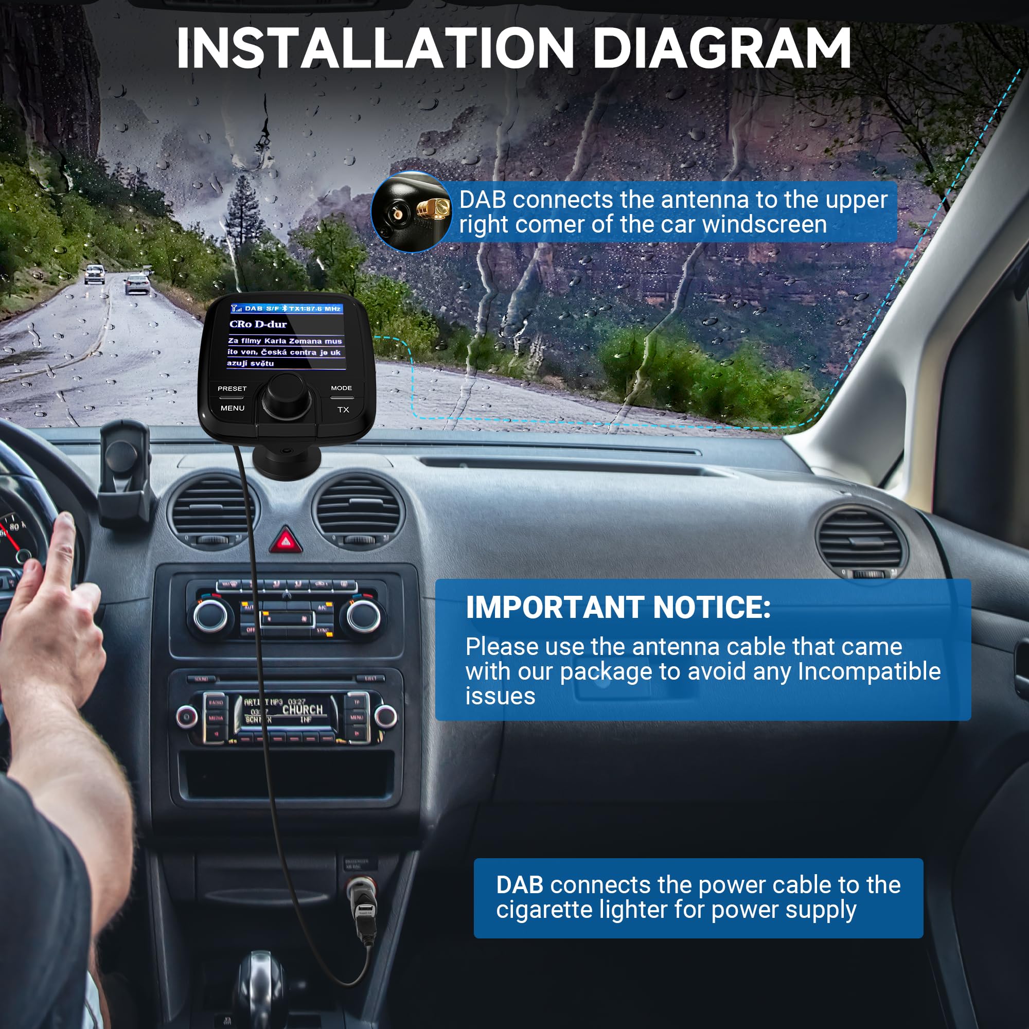 Tin-Nik DAB-389N DAB Adapter für Autoradio, FM-Transmitter für DAB+ Sender und Bluetooth-Verbindung vom Smartphone zum UKW-Radio, Bluetooth- Freisprechen und Musik