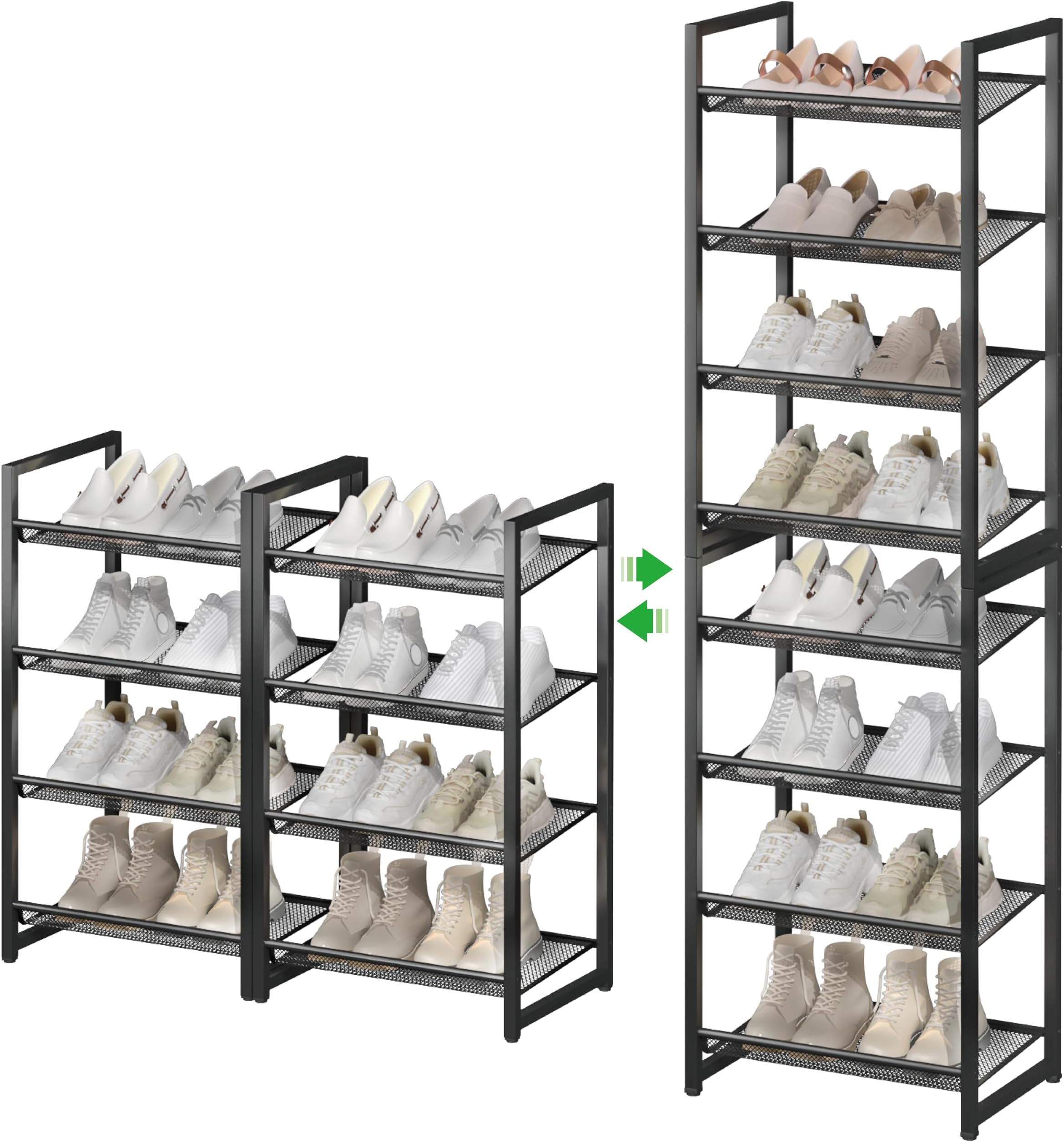 Metal Tall Shoe Rack, 8-Tier Stackable Shoe Shelf, with Adjustable Flat or Angled Shelves, 16-20 Pairs，for Entryway, Bedroom, Closet, Living Room, Black