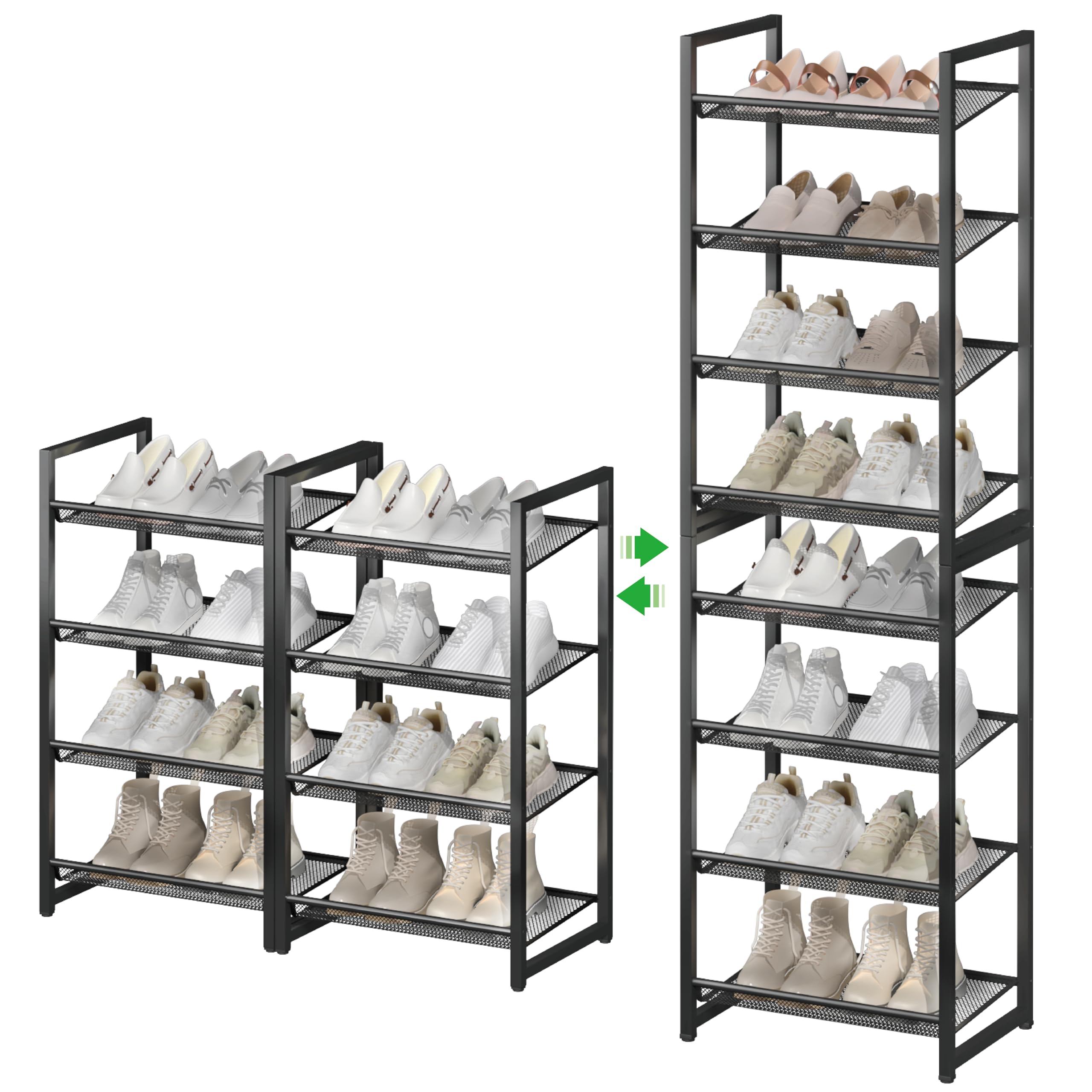 MILEFA Metal Tall Shoe Rack, 8-Tier Stackable Shoe Shelf, with Adjustable Flat or Angled Shelves, 16-20 Pairs，for Entryway, Bedroom, Closet, Living Room, Black