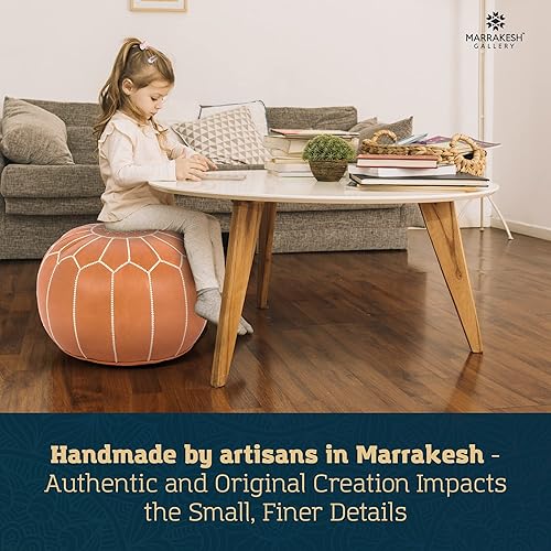 Miniatura 93 de Marrakesh Gallery - Funda de puf marroquí, otomana redonda y grande de piel, decoración bohemia para sala de estar, reposapies, sin relleno Marrón